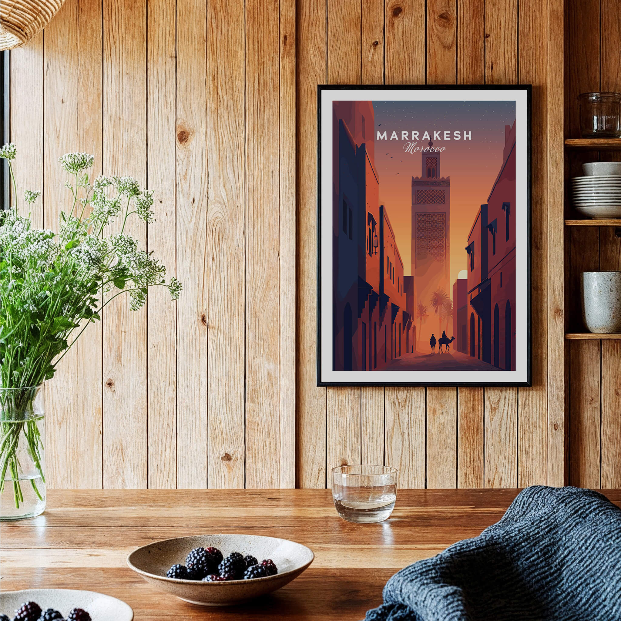 Marrakesh Morocco Travel Poster | Iconic Koutoubia Minaret Wall Art Print displayed in a cozy interior setting.
