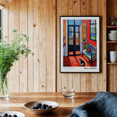 Matisse Art Prints - Interior with Cat and Open Door Poster, showcasing vibrant colors and a black and white cat in a whimsical room.