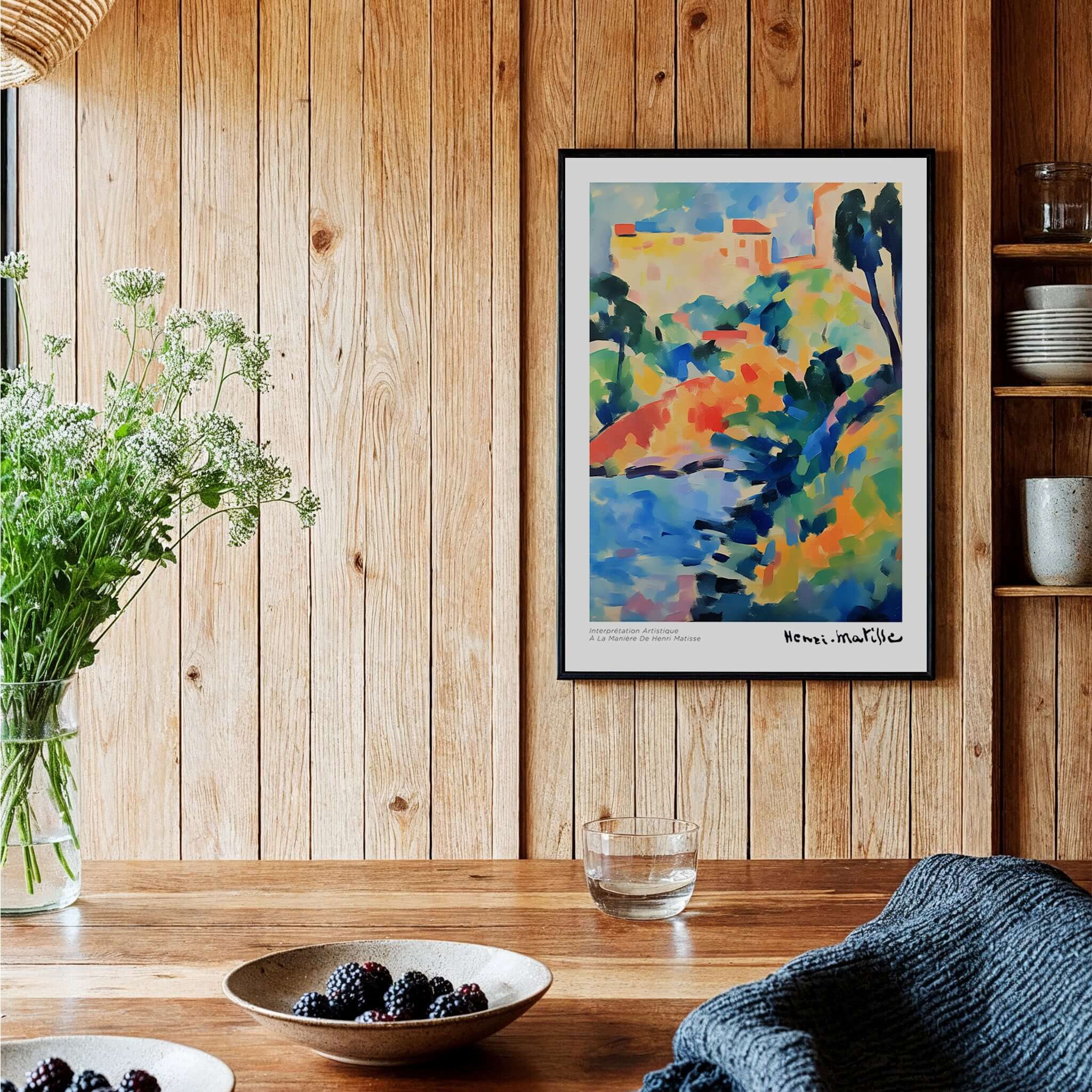 Matisse Art Prints - Abstract Coastal Landscape Poster hanging in a cozy kitchen with wooden walls and greenery.