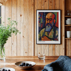 Matisse Art Prints - Fauvist Self Portrait Art Print displayed in a modern interior setting with wooden decor and greenery.