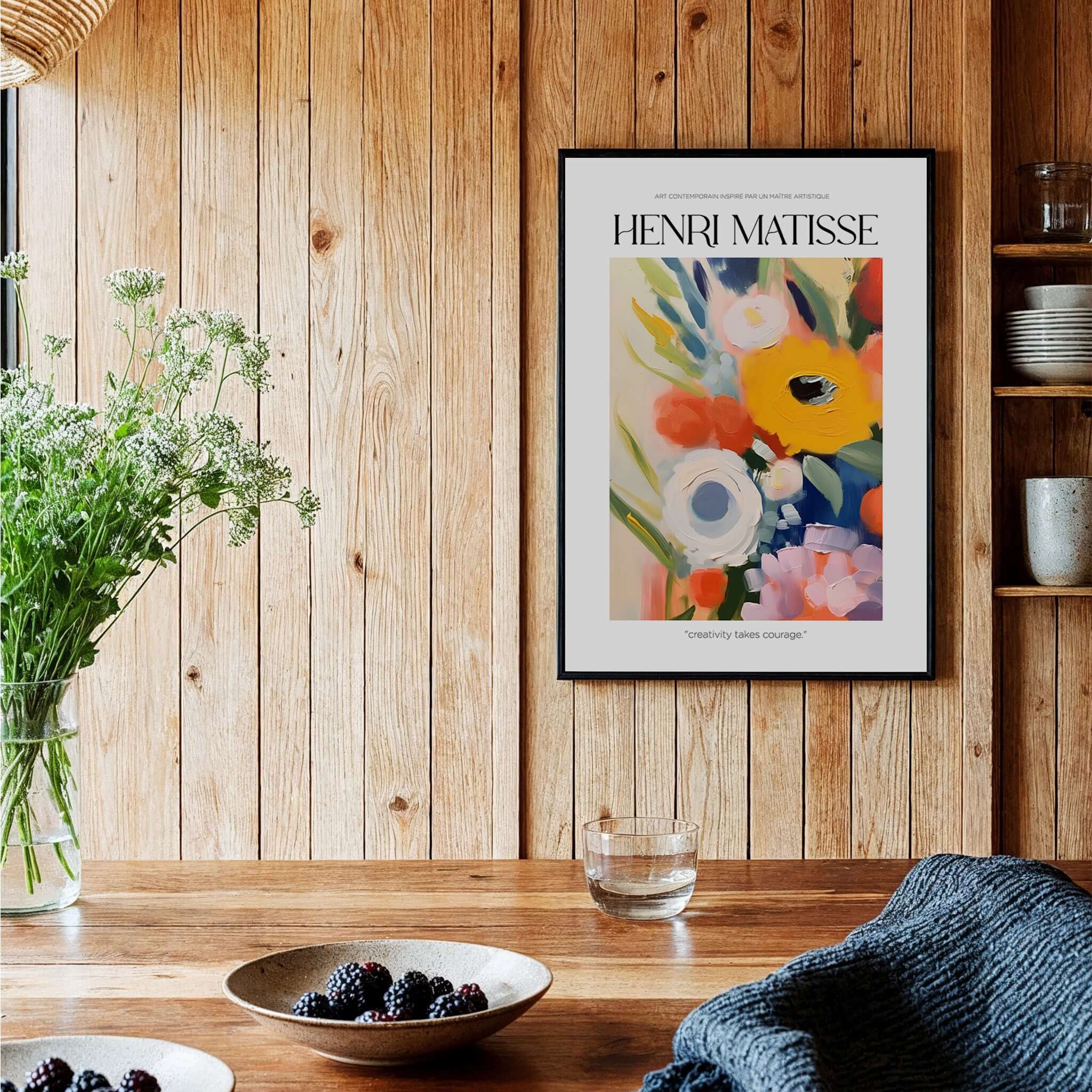 Matisse Art Prints - Abstract Flowers Poster displayed on a wooden wall, showcasing vibrant flowers in a framed design.