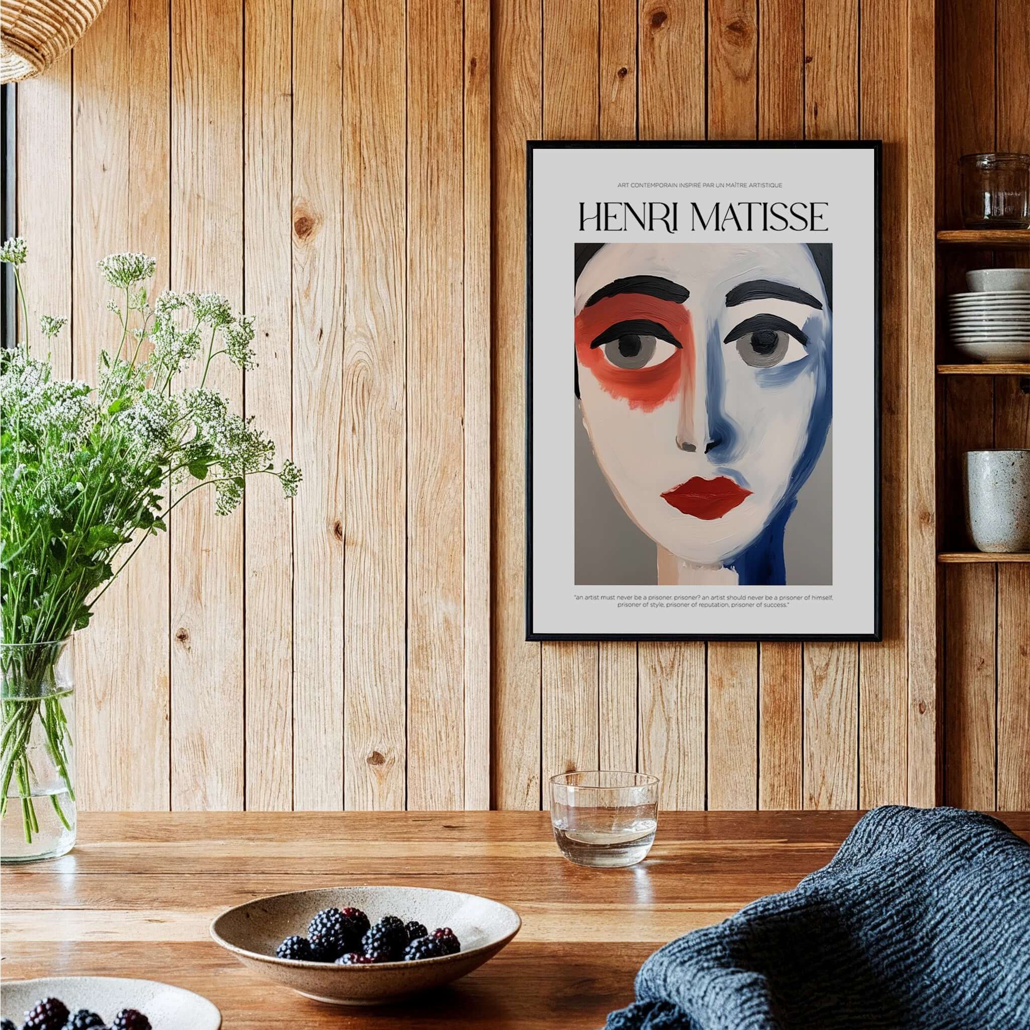 Matisse Art Prints - Abstract Face Portrait Poster displayed in a cozy setting with wooden walls and decor.