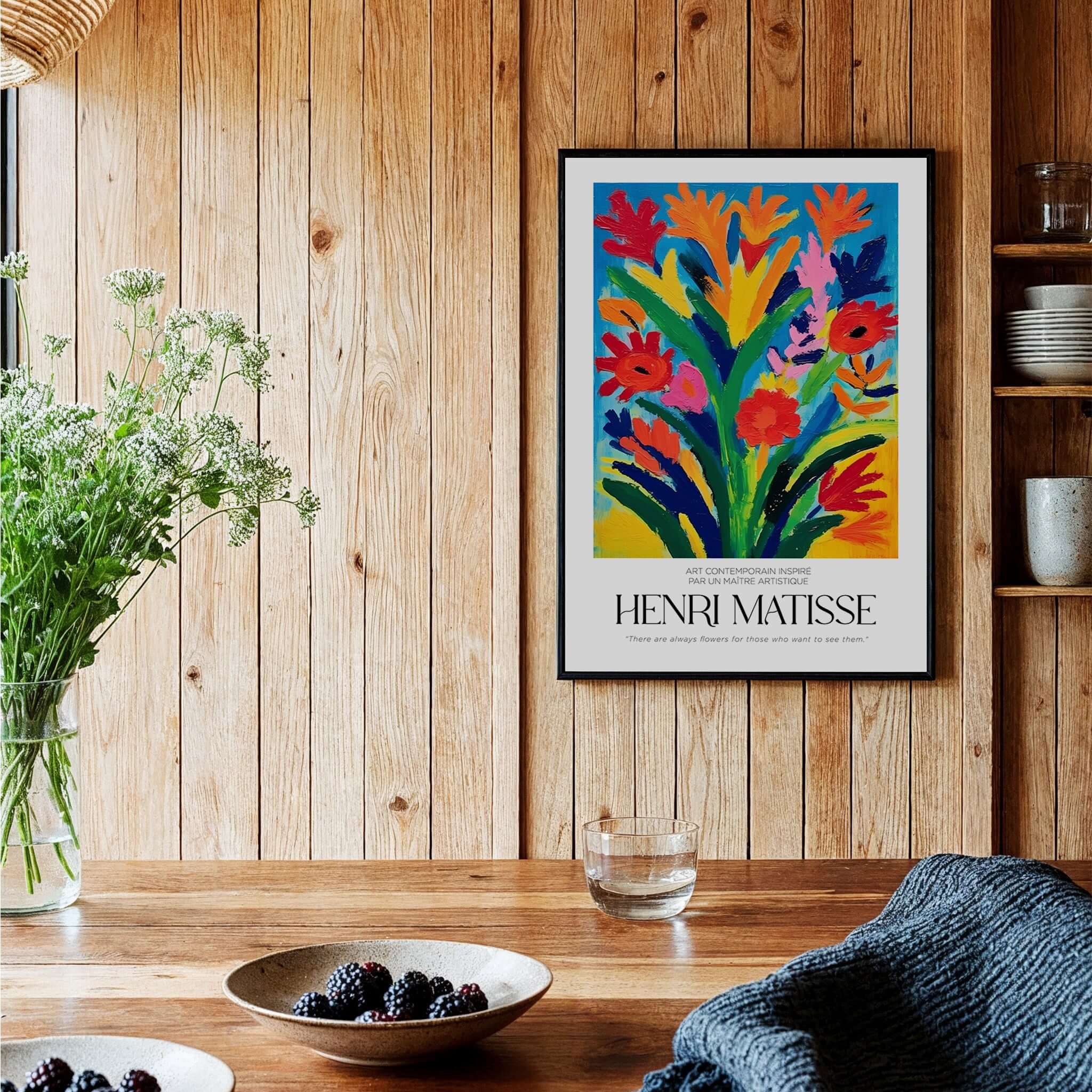 Matisse Art Prints - Abstract Floral Bouquet Print displayed in a cozy room with wooden accents and vibrant flowers.