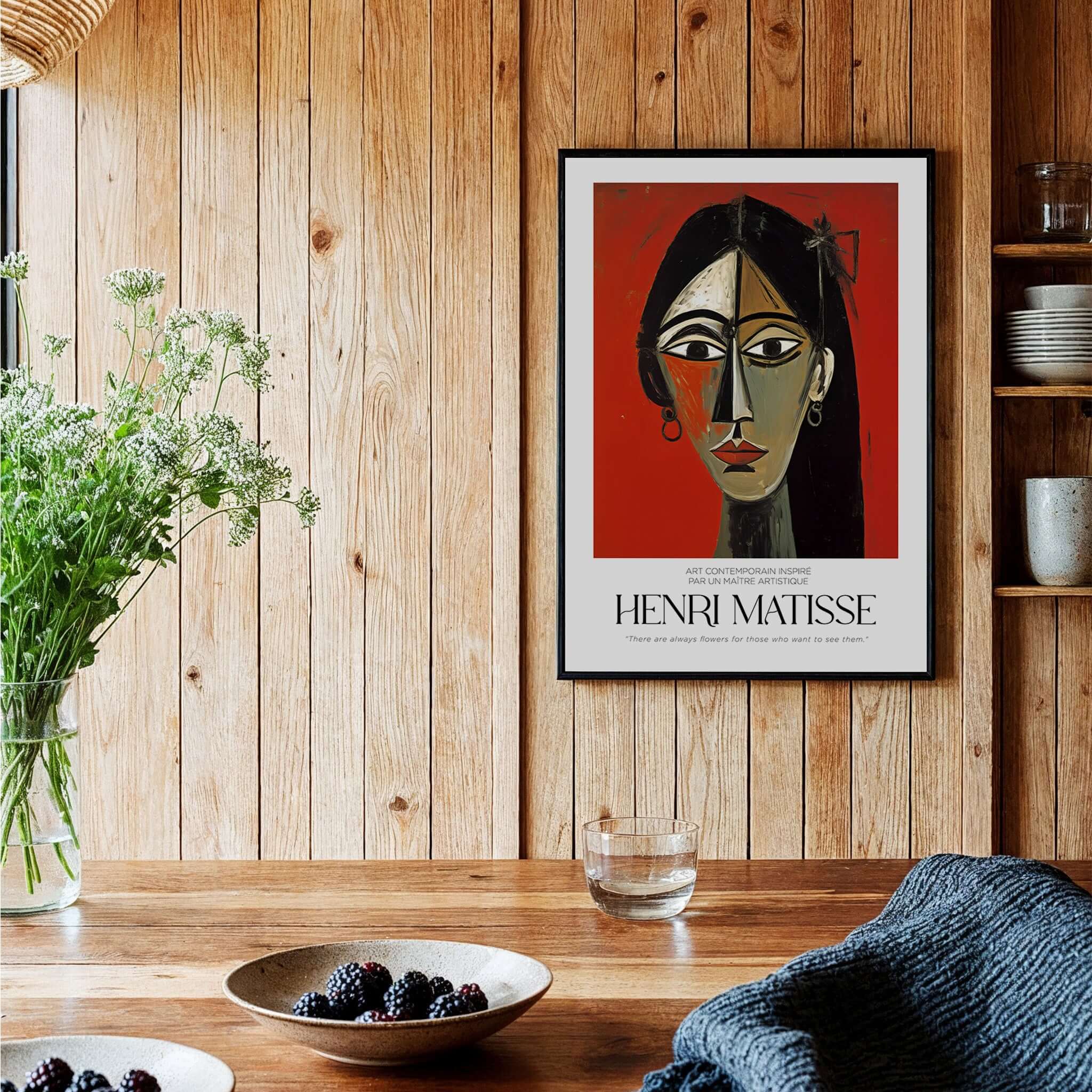 Matisse Art Prints - Stylized Woman Portrait Red Wall Art framed and displayed in a contemporary interior setting.