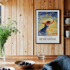 Matisse Art Prints - Dancing Figure Swirl Background Art Print displayed in a cozy interior with wooden walls.