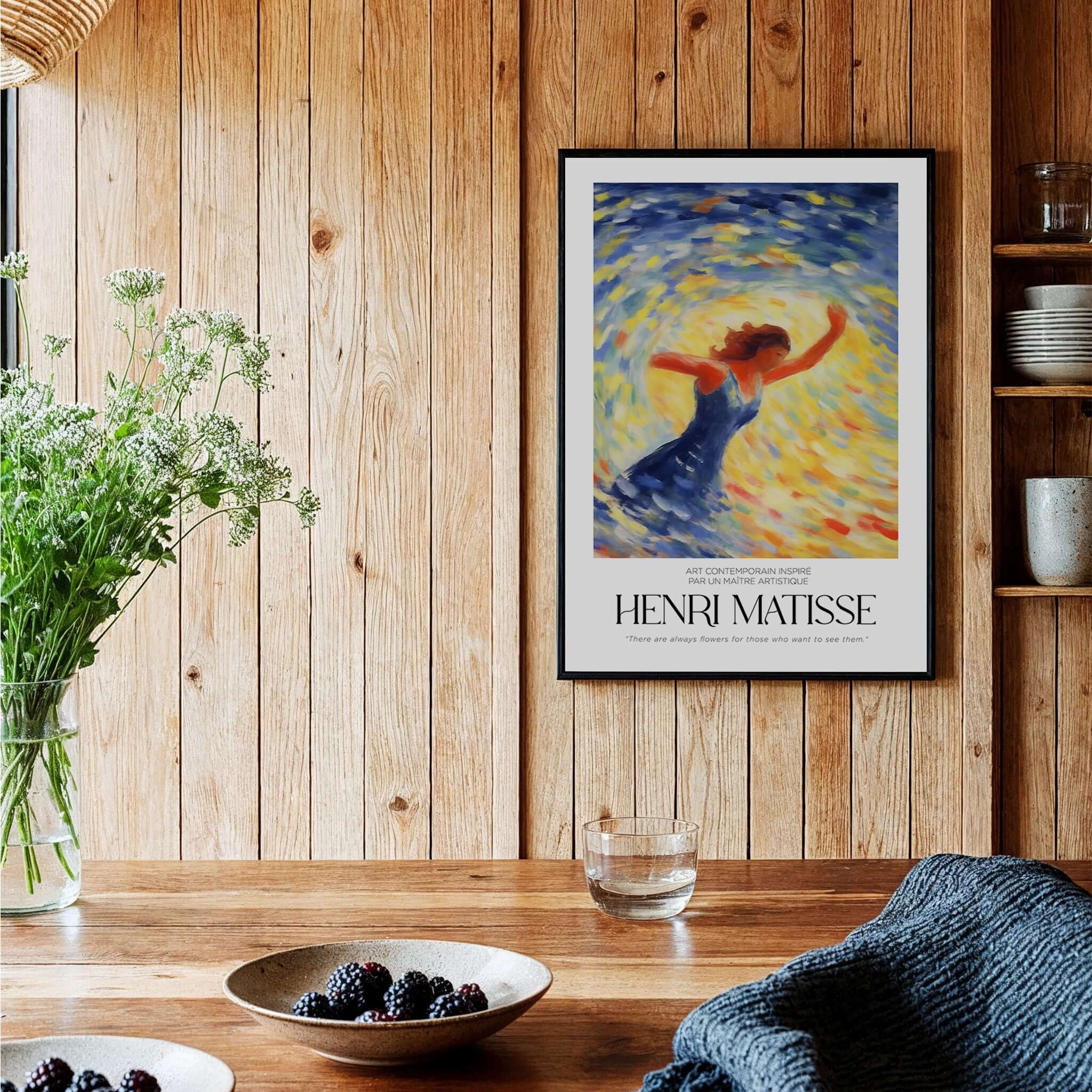 Matisse Art Prints - Dancing Figure Swirl Background Art Print displayed in a cozy interior with wooden walls.