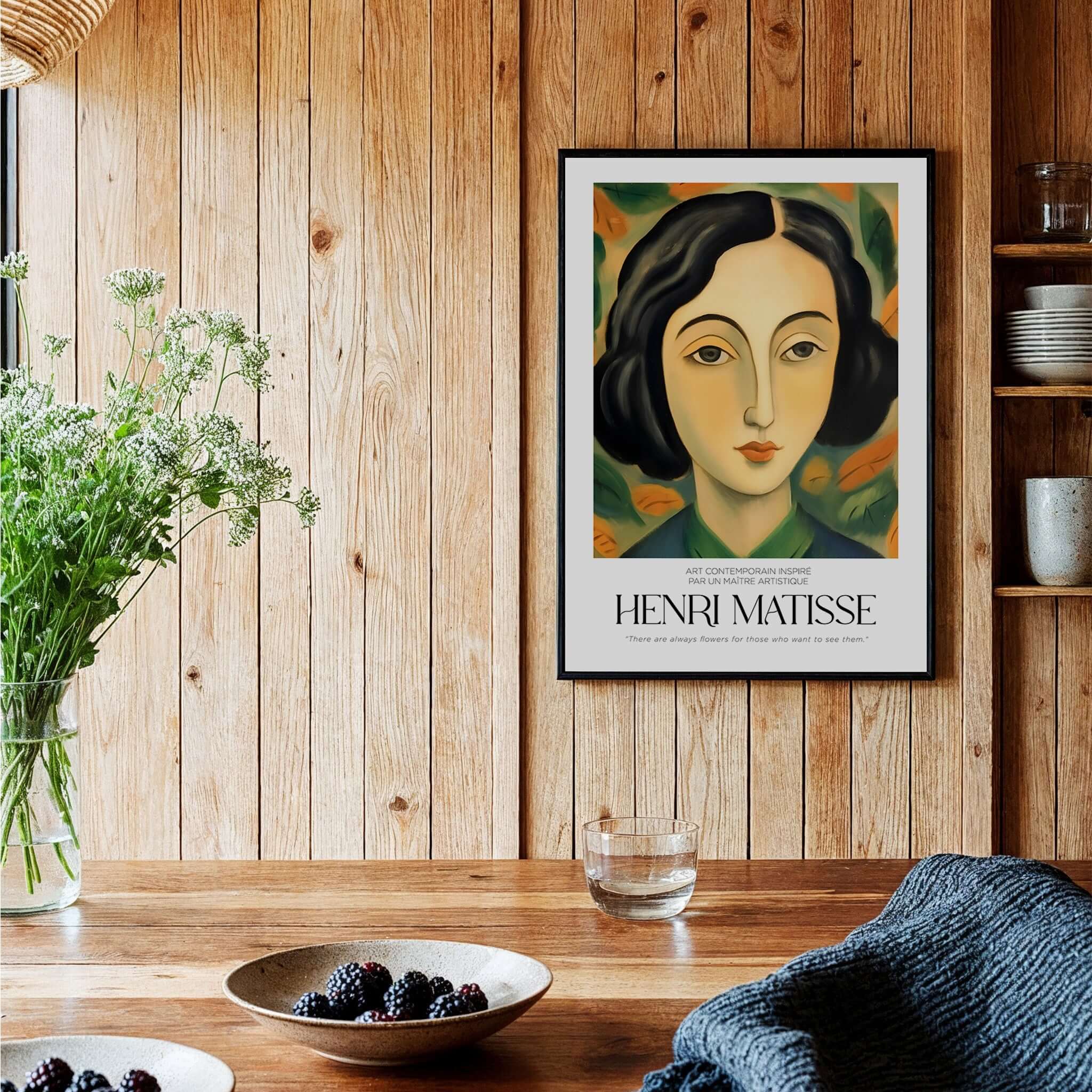 Matisse Art Prints - Woman Portrait Wall Art displayed in a rustic dining setting featuring a woman with flowers.