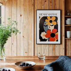 Matisse Art Prints - Woman with Flowers Abstract Art Print displayed in a modern home interior with wooden accents.