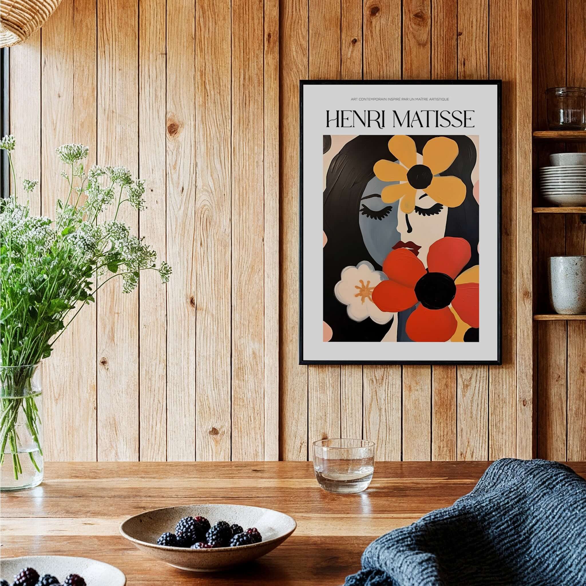 Matisse Art Prints - Woman with Flowers Abstract Art Print displayed in a modern home interior with wooden accents.