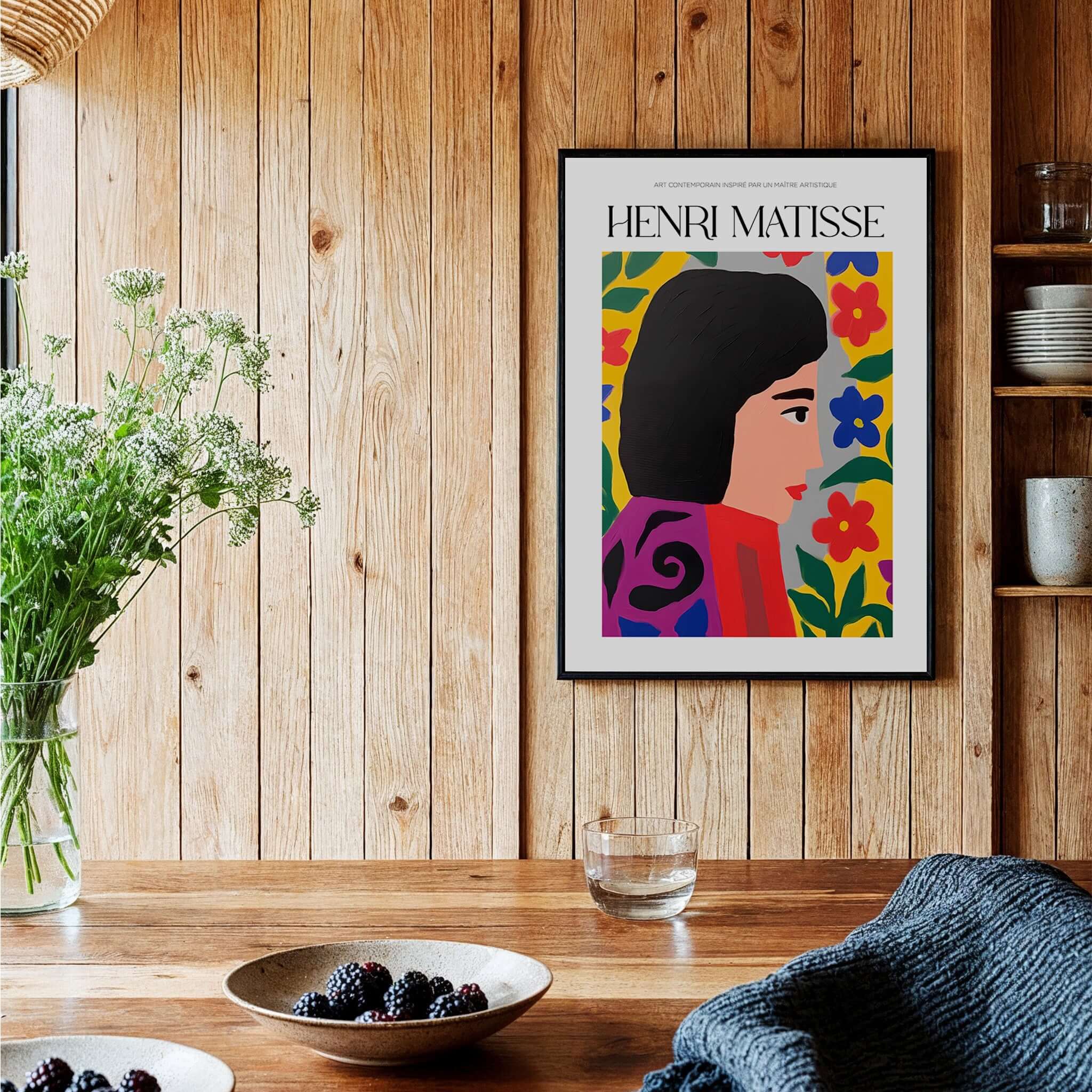 Matisse Art Prints - Floral Woman displayed on a wooden wall with flowers and vibrant colors enhancing decor.
