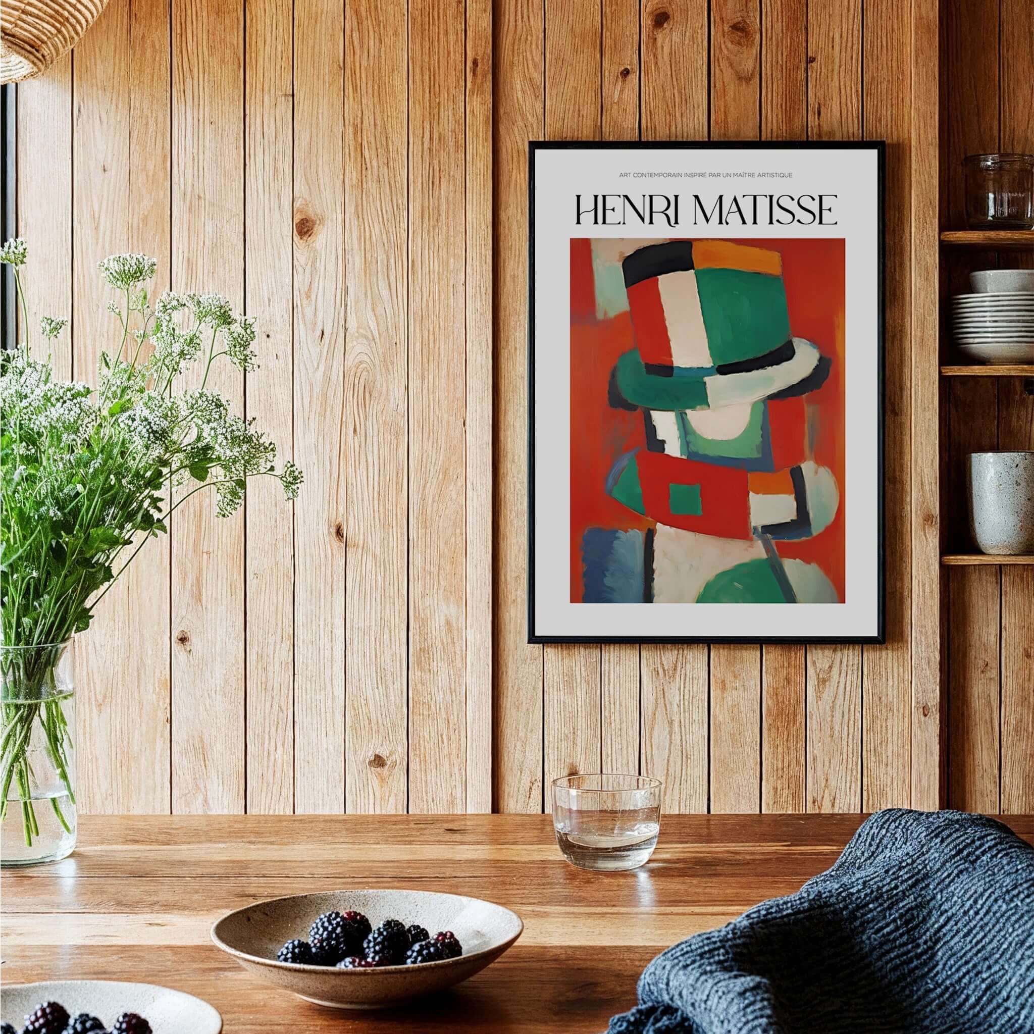 Matisse Art Prints - Abstract Figure with Hat Poster displayed on wooden wall with contemporary decor.