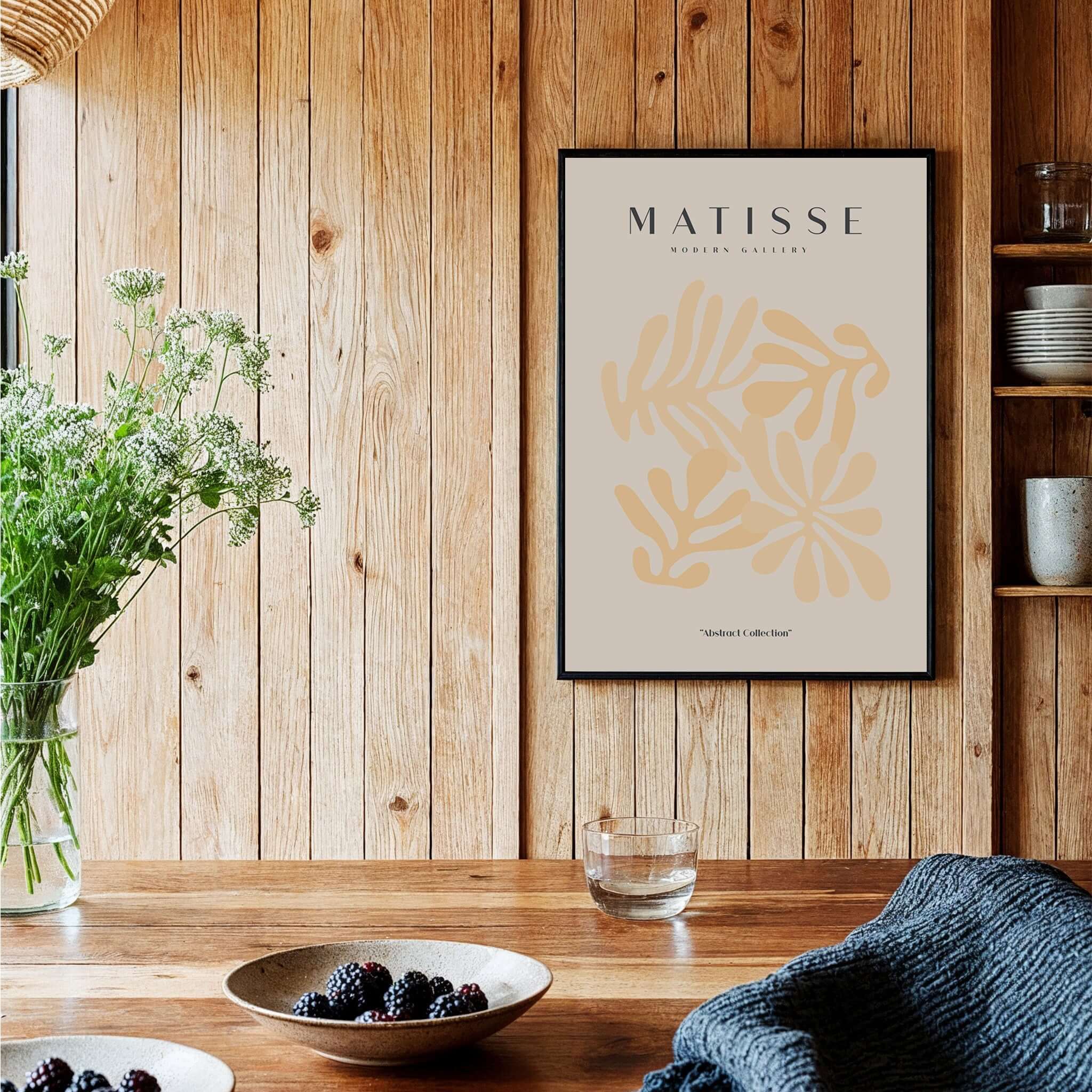 Matisse Art Prints - Pale Peach Abstract Shapes Wall Art displayed in a cozy interior with wooden accents.