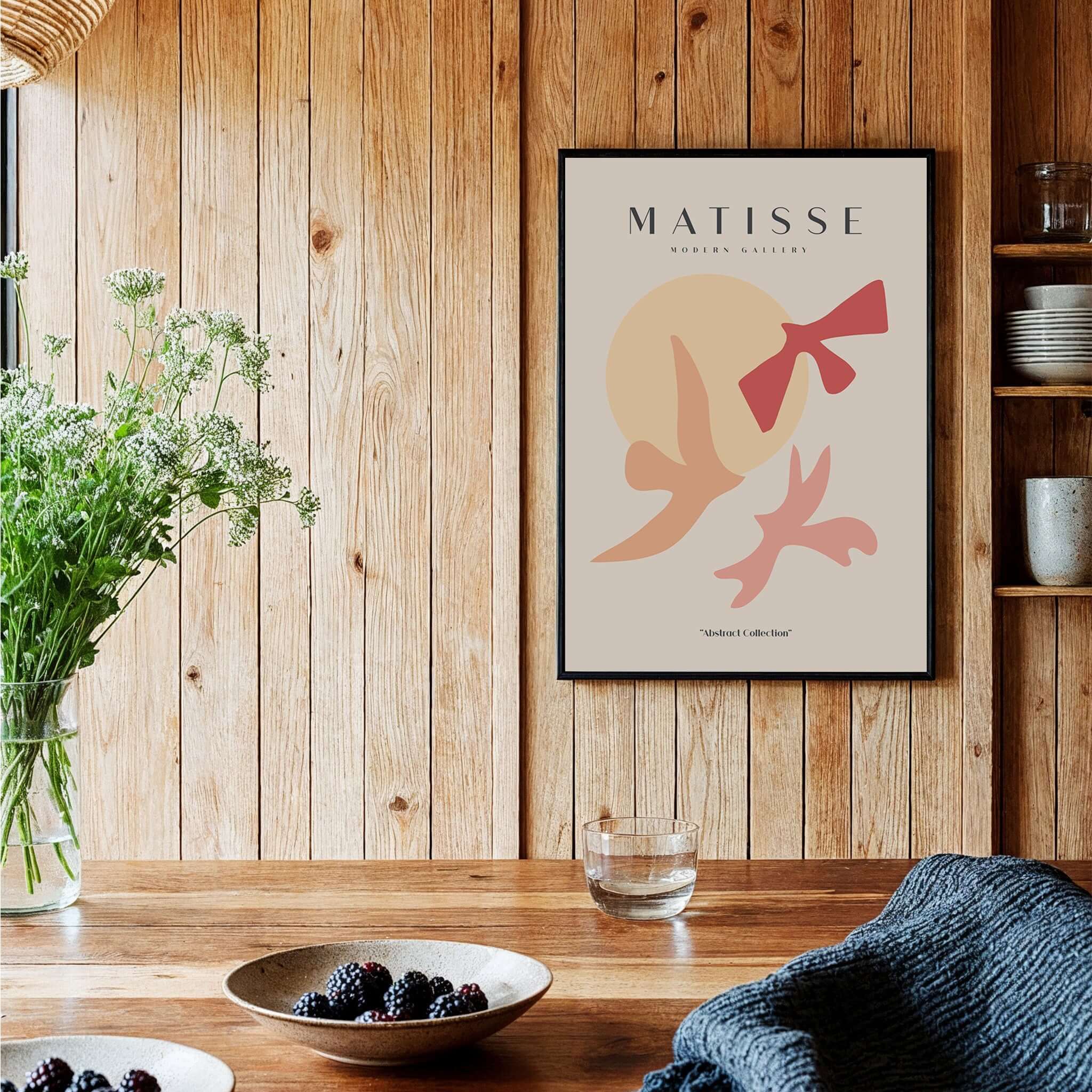 Matisse Art Prints - Abstract Birds Sun Shapes Poster displayed in a cozy interior with wooden accents.