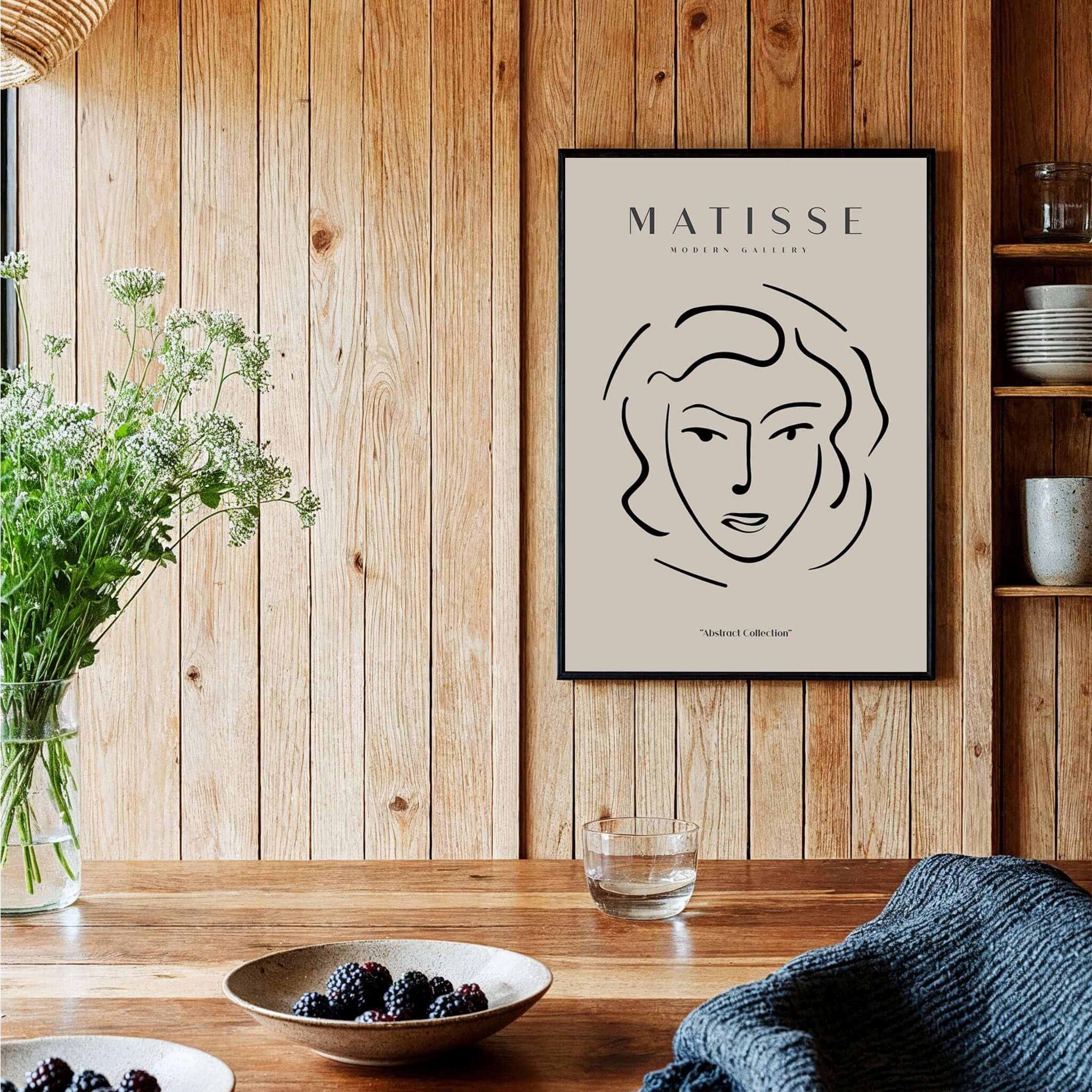 Matisse Art Prints - Abstract Line Face Drawing featuring minimalist line art of a woman's profile against a beige background.