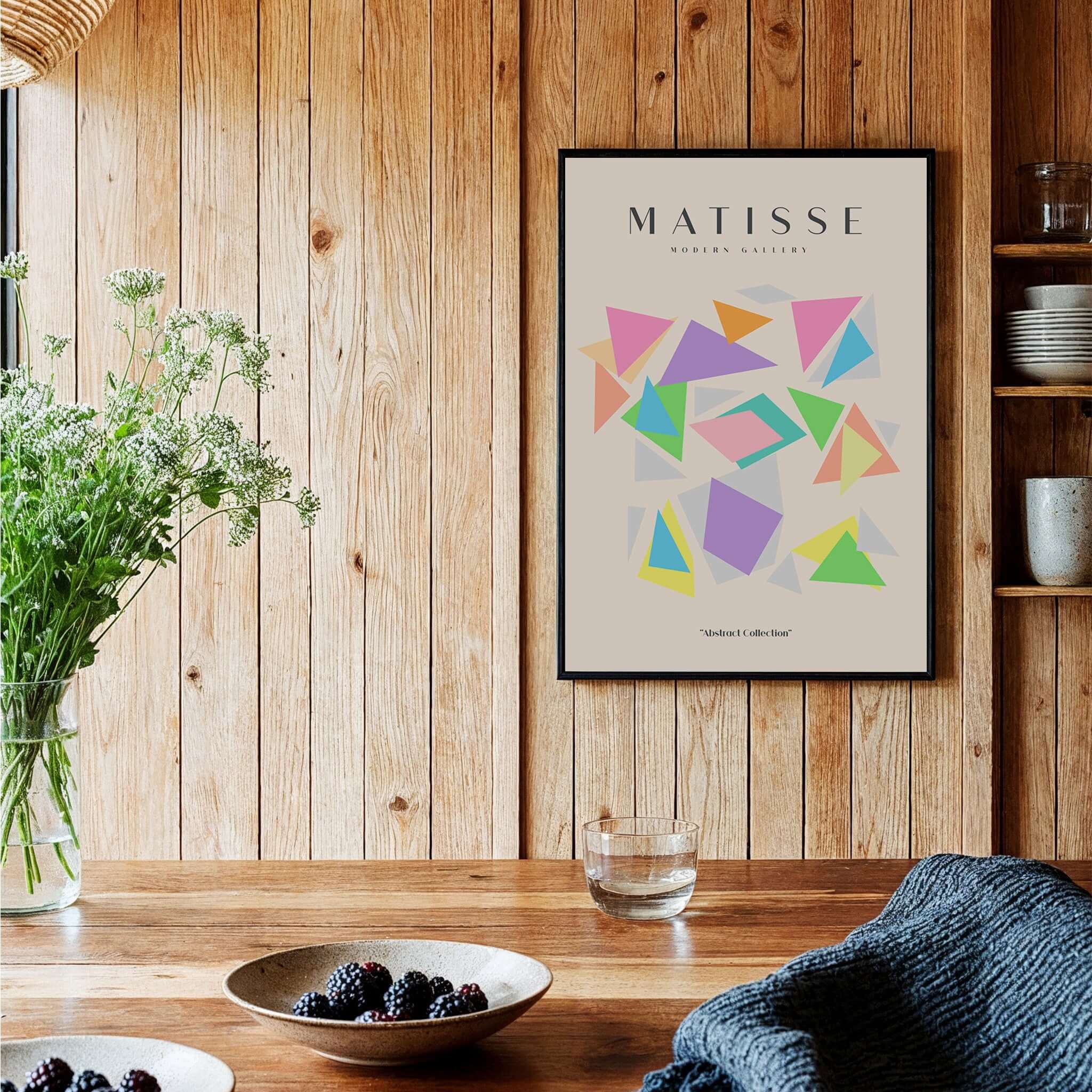 Matisse Art Prints - Colorful Geometric Triangles Poster featuring vibrant geometric shapes on a beige backdrop.