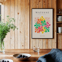 Matisse Art Prints - Interlocking Colorful Leaves Abstract Print displayed in a warm wooden interior with vibrant colors.