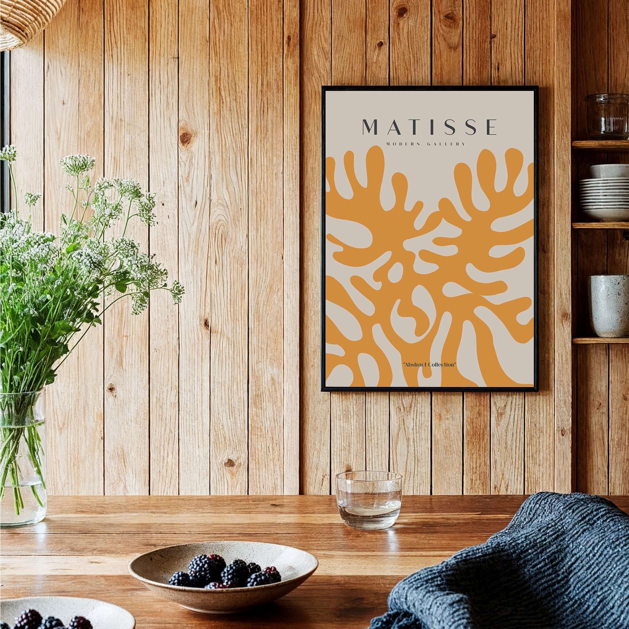 Matisse Art Prints - Orange Abstract Coral Pattern Poster displayed in a cozy interior with wooden decor.