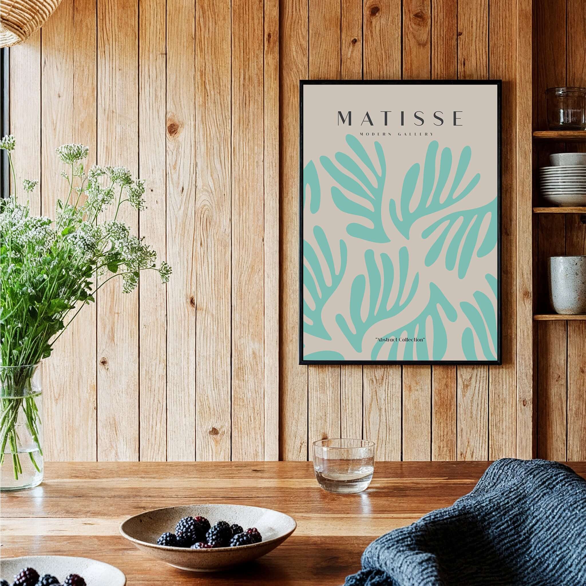 Matisse Art Prints - Mint Green Fan Pattern Poster Art displayed in a stylish wooden setting with floral decor.