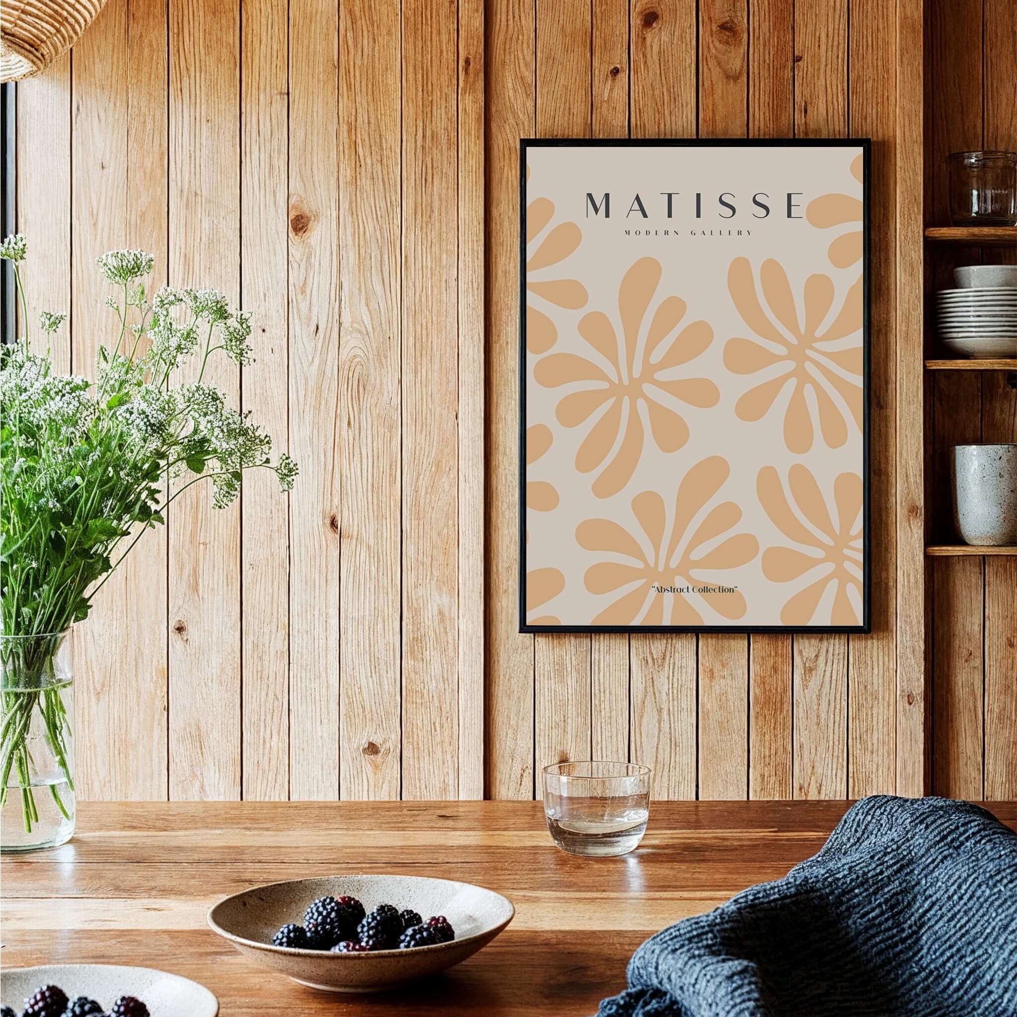Matisse Art Prints - Peach Floral Abstract Pattern Print displayed in a cozy setting with natural wood decor.