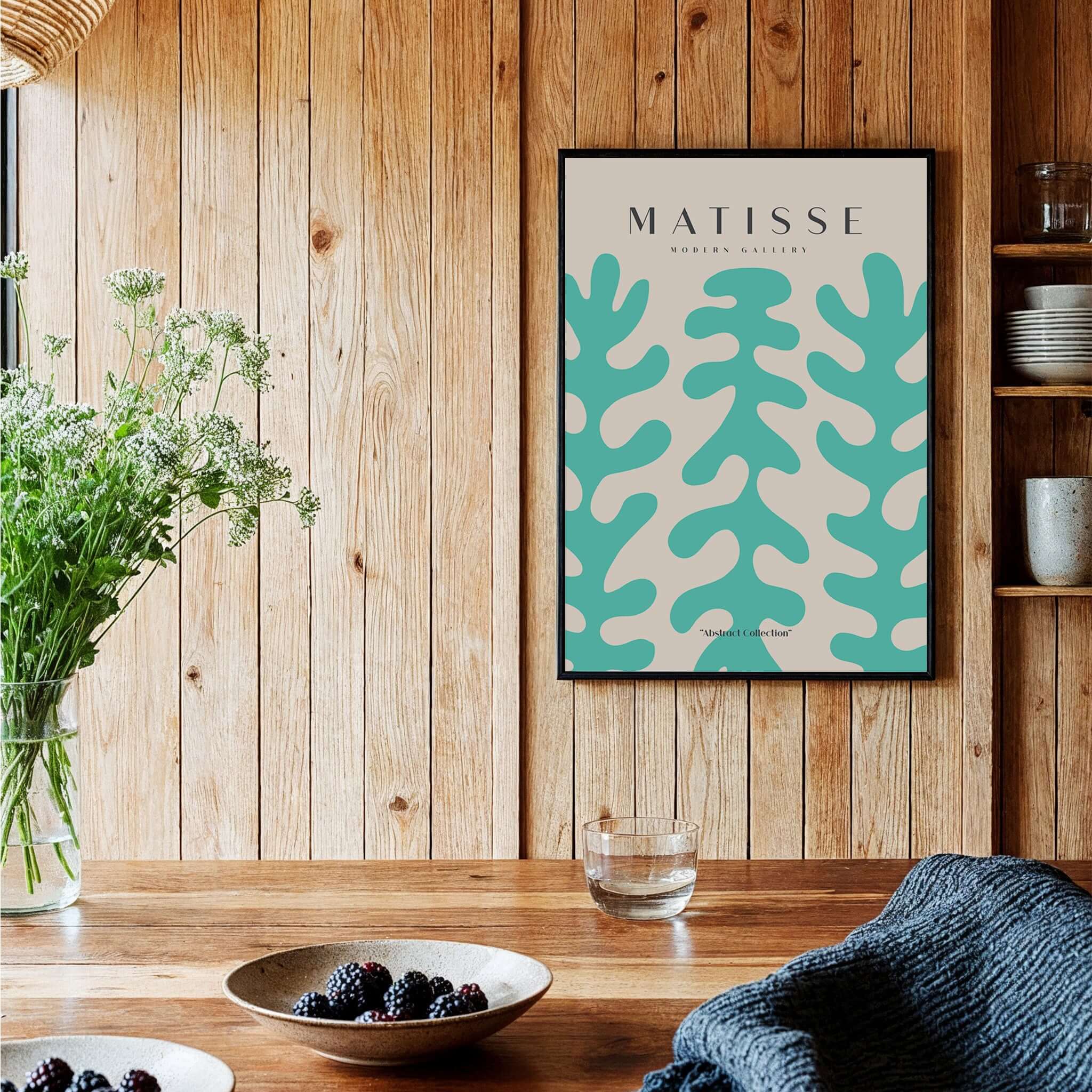 Matisse Art Prints - Teal Coral Pattern Abstract Wall Art displayed in a rustic interior setting with wooden paneling.