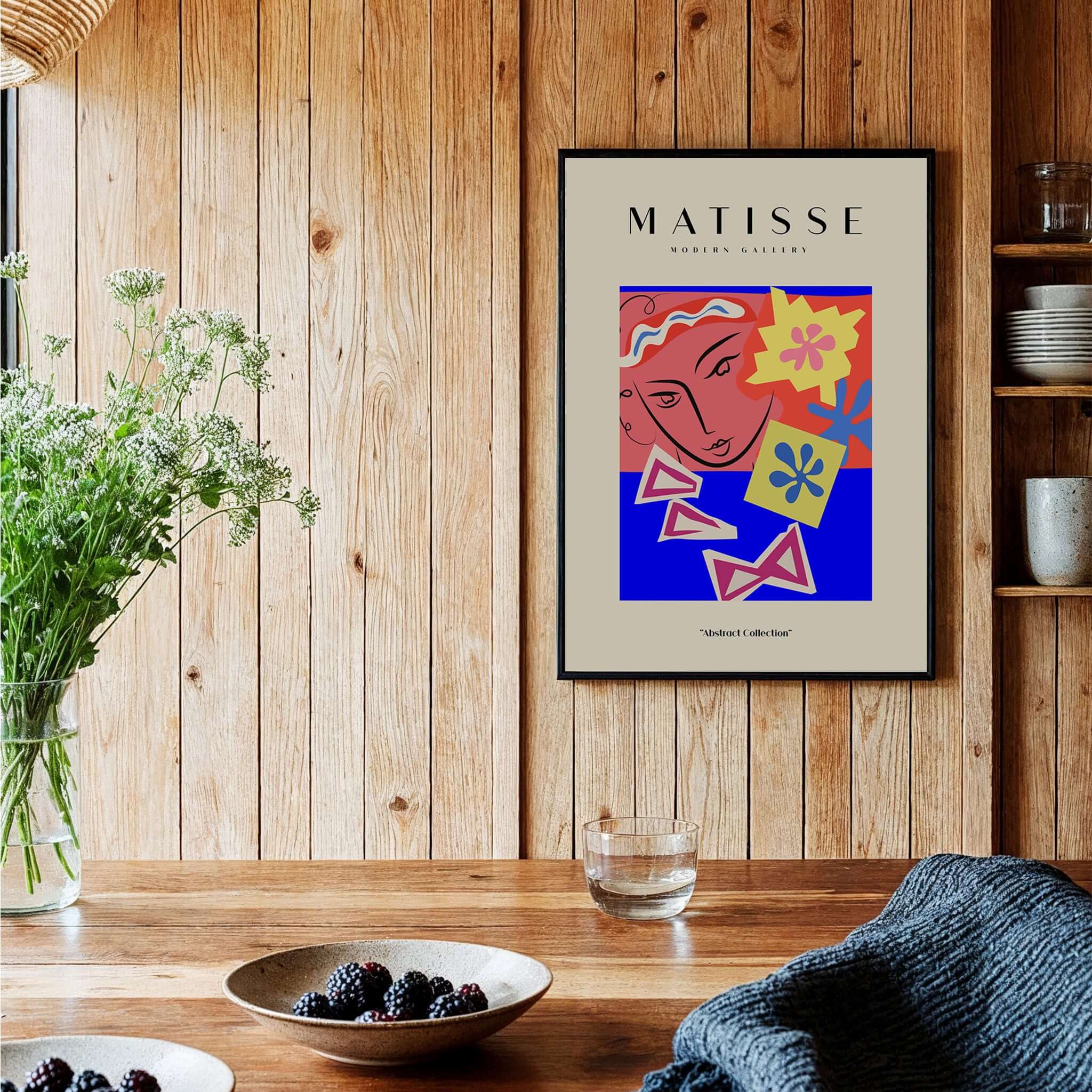Matisse Art Prints - Abstract Face with Flowers Collage Wall Art displayed in a rustic wooden setting.