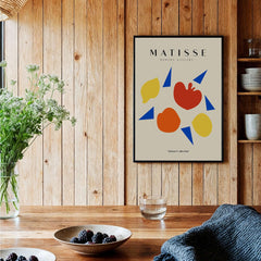 Matisse Art Prints - Abstract Fruit Shapes Blue Triangles Poster displayed in a kitchen with wooden decor and fruit bowl.