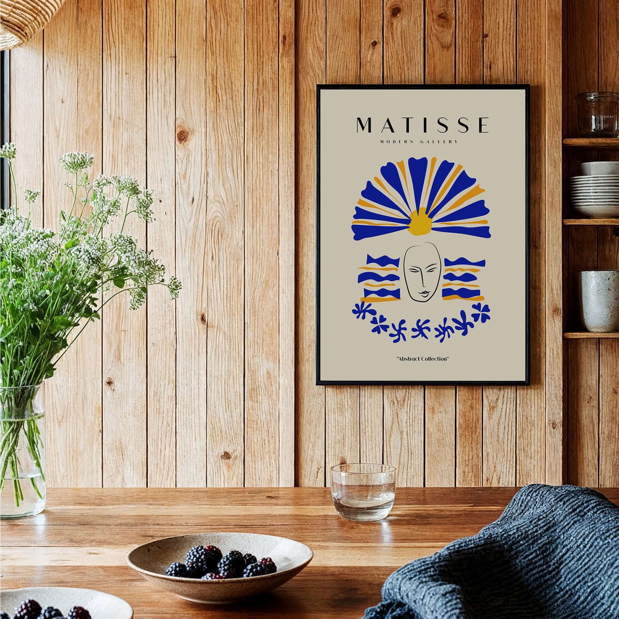 Matisse Art Prints -  Blue & Yellow Abstract Face showcasing a minimalist line-drawn face and colorful headdress.