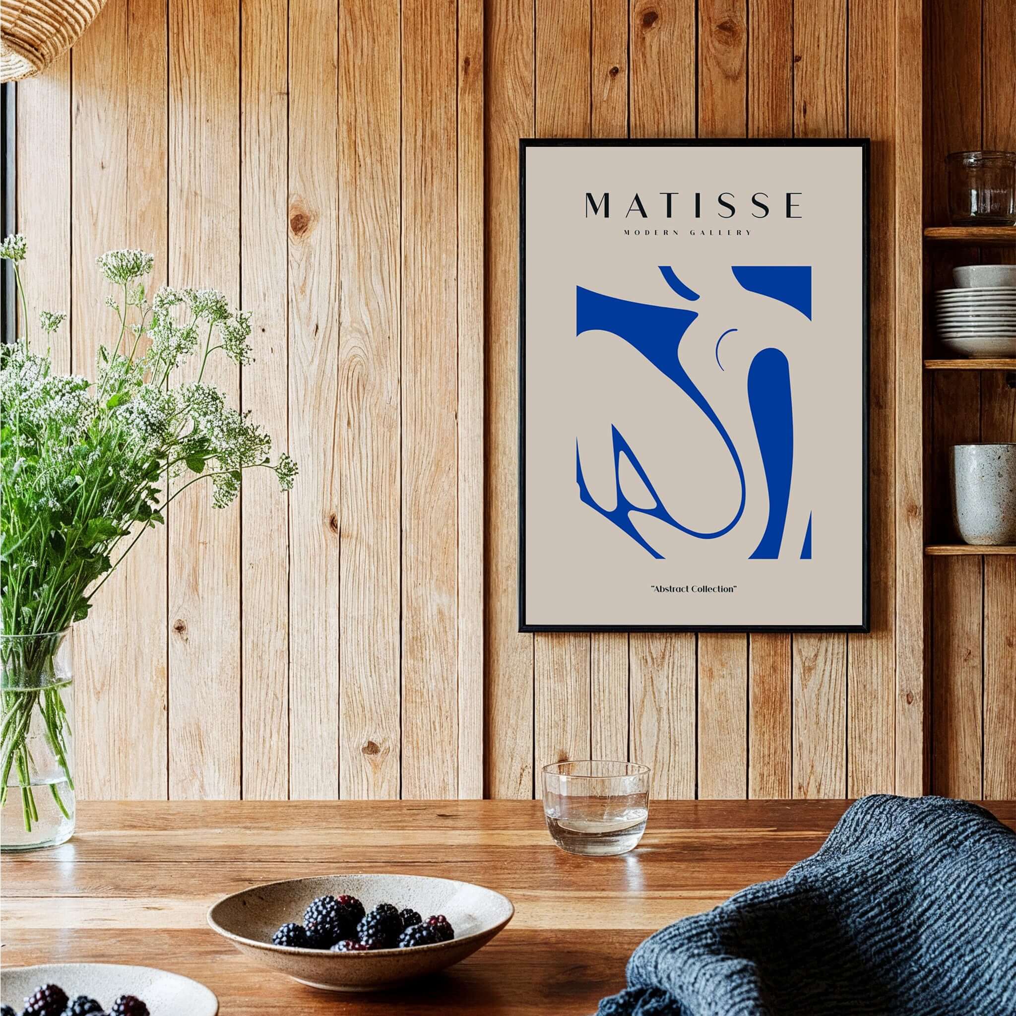 Matisse Art Prints - Blue Nude Abstract Cut Out Wall Art showcasing a blue nude figure framed in a stylish interior setting.