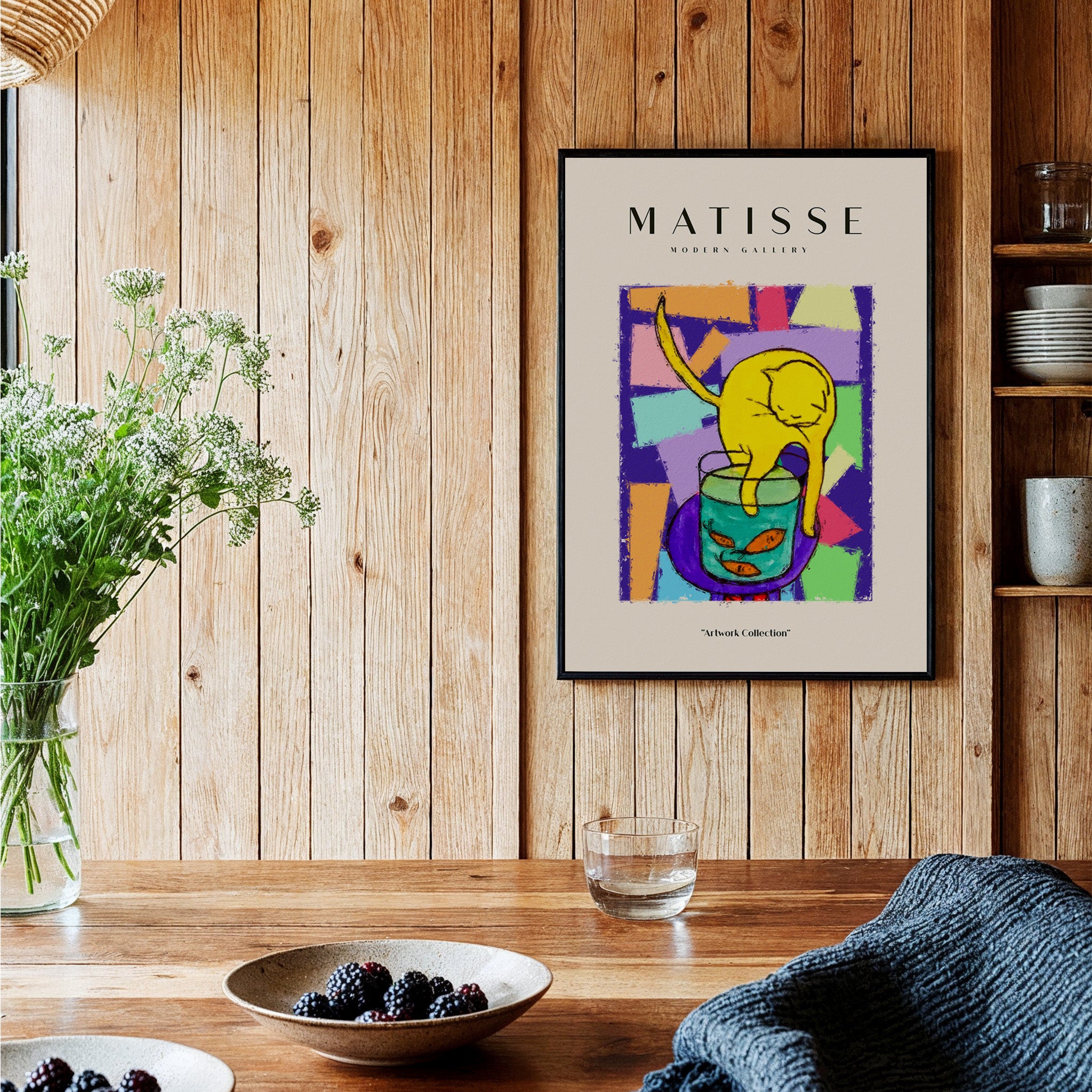 Matisse Art Prints - Yellow Cat with Fishbowl Geometric Poster displayed in a cozy home setting with wooden background.