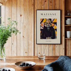 Matisse Art Prints - Portrait Man in Suit Geometric Wall Art displayed on a wooden wall in a cozy setting.