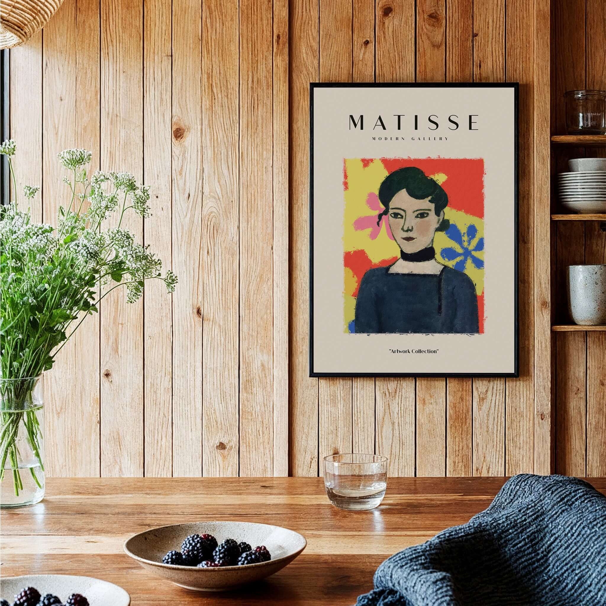 Matisse Art Prints - Woman Portrait Abstract Floral Poster displayed in a rustic kitchen with wooden walls and decor.