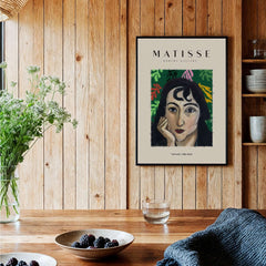 Matisse Art Prints - Pensive Woman Poster, modern portrait art print featuring a thoughtful woman on a green background.