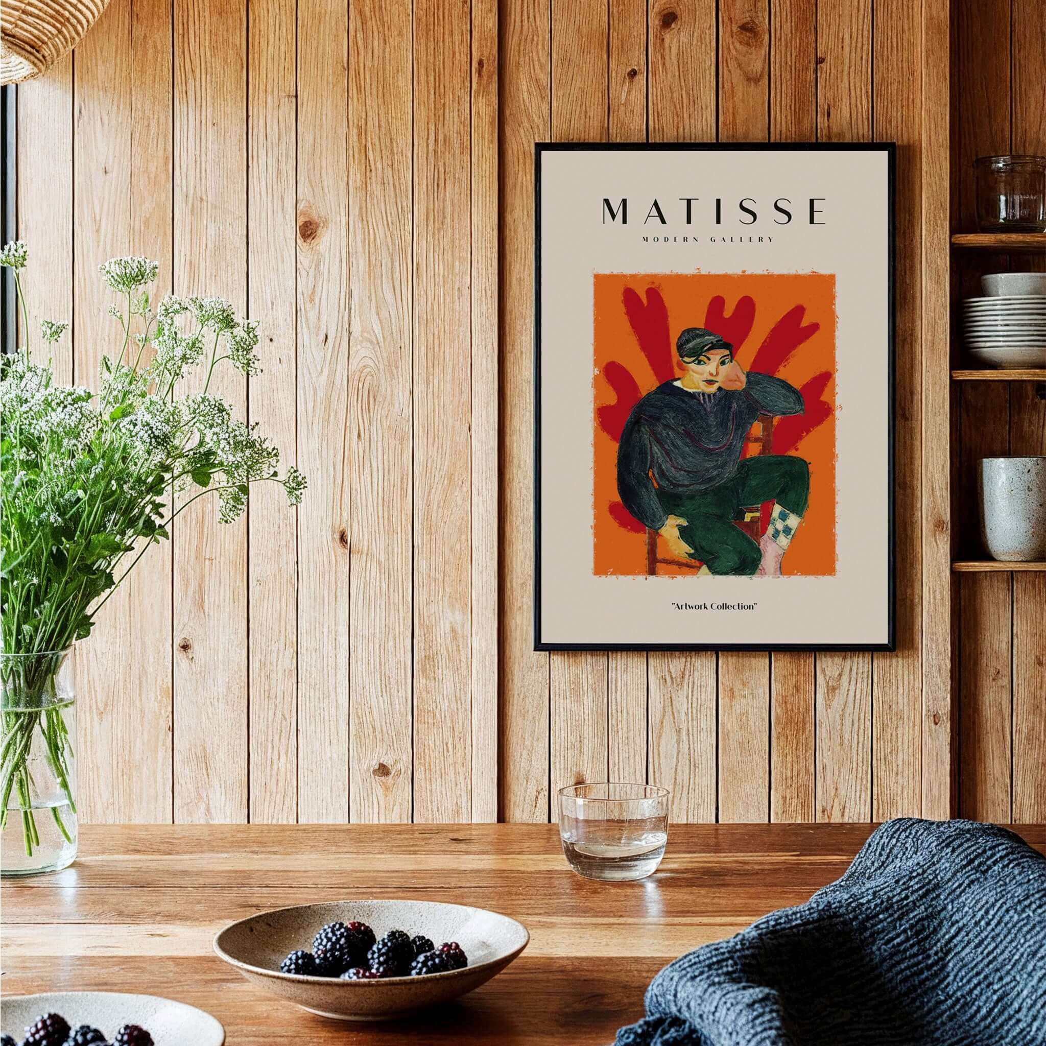 Matisse Art Prints - Seated Figure in Cap Poster displayed in a cozy interior with wooden walls and fresh flowers.