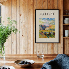 Matisse Art Prints - Abstract Painterly Landscape Bridge Poster displayed in a rustic wooden setting with greenery.