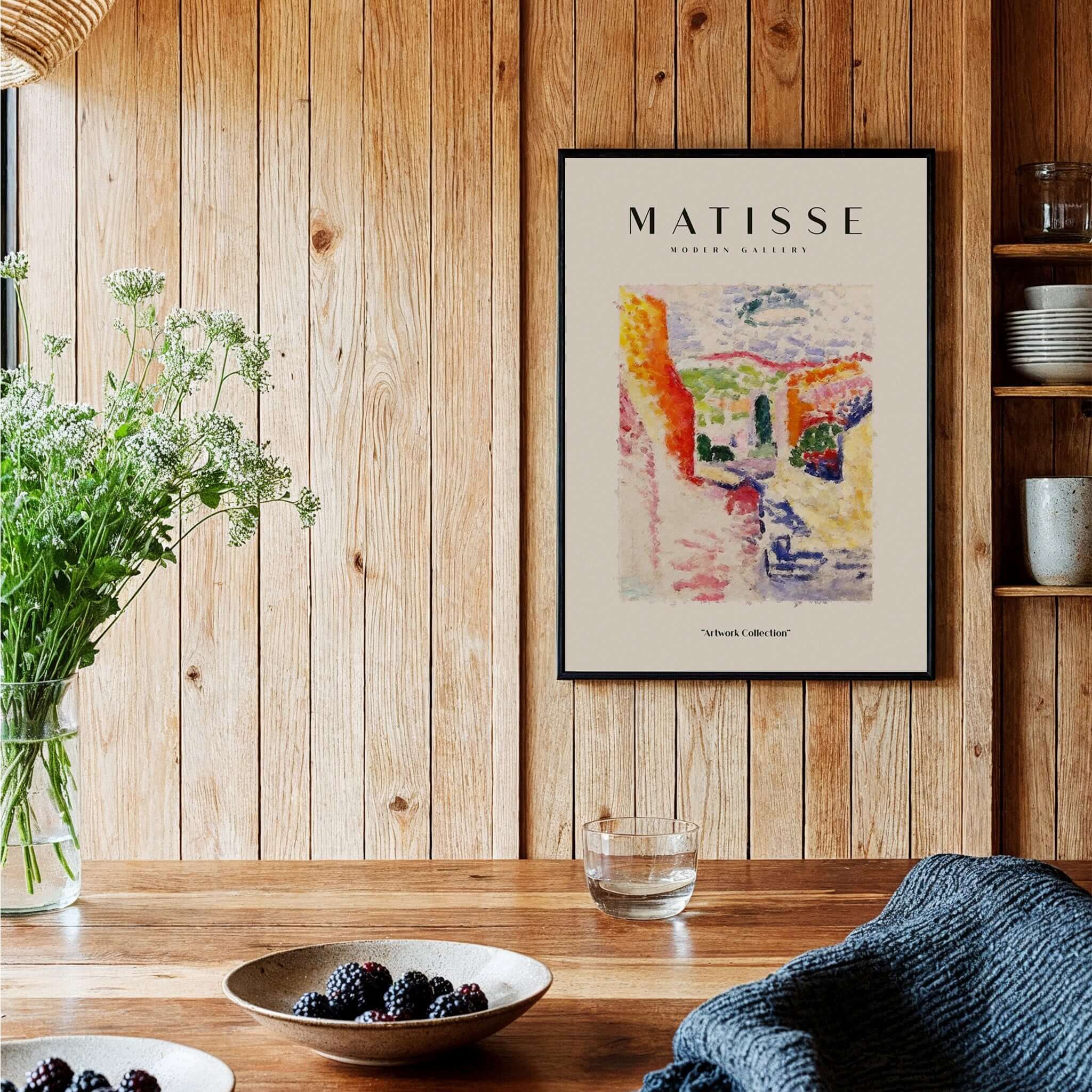 Matisse Art Prints - Abstract Fauvist Poster displayed in a cozy interior setting with wooden walls and decor.