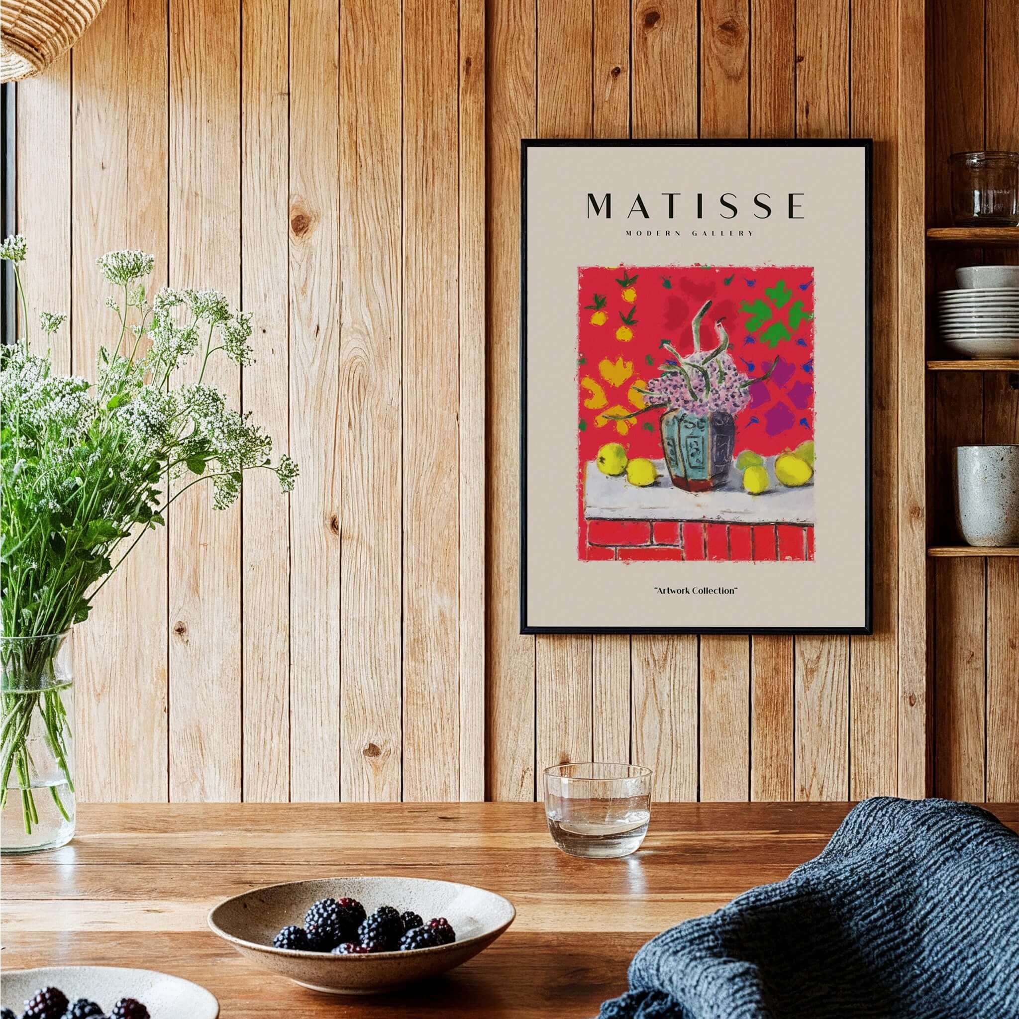 Matisse Art Prints -  Still Life Flowers Lemons Red Pattern Poster displayed in a kitchen setting with floral decor.