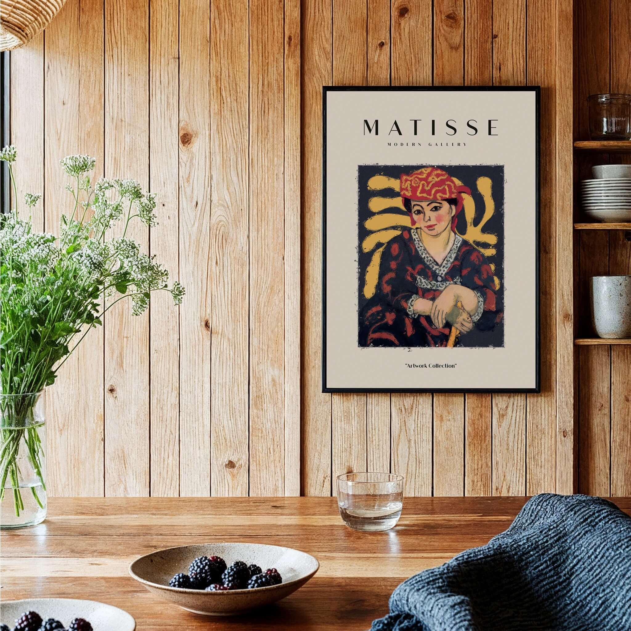 Matisse Art Prints -  Woman in Patterned Hat & Dress Poster displayed in a modern interior with wooden accents.