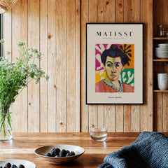 Matisse Art Prints - Abstract Portrait Poster featuring a colorful portrait of a woman with vibrant background decor.