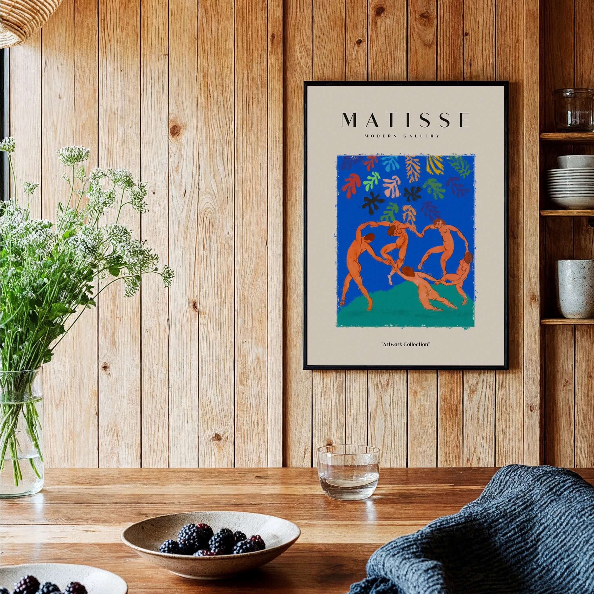 Matisse Art Prints - The Dance Figures Abstract Sky Poster displayed in a serene interior setting with wooden decor.