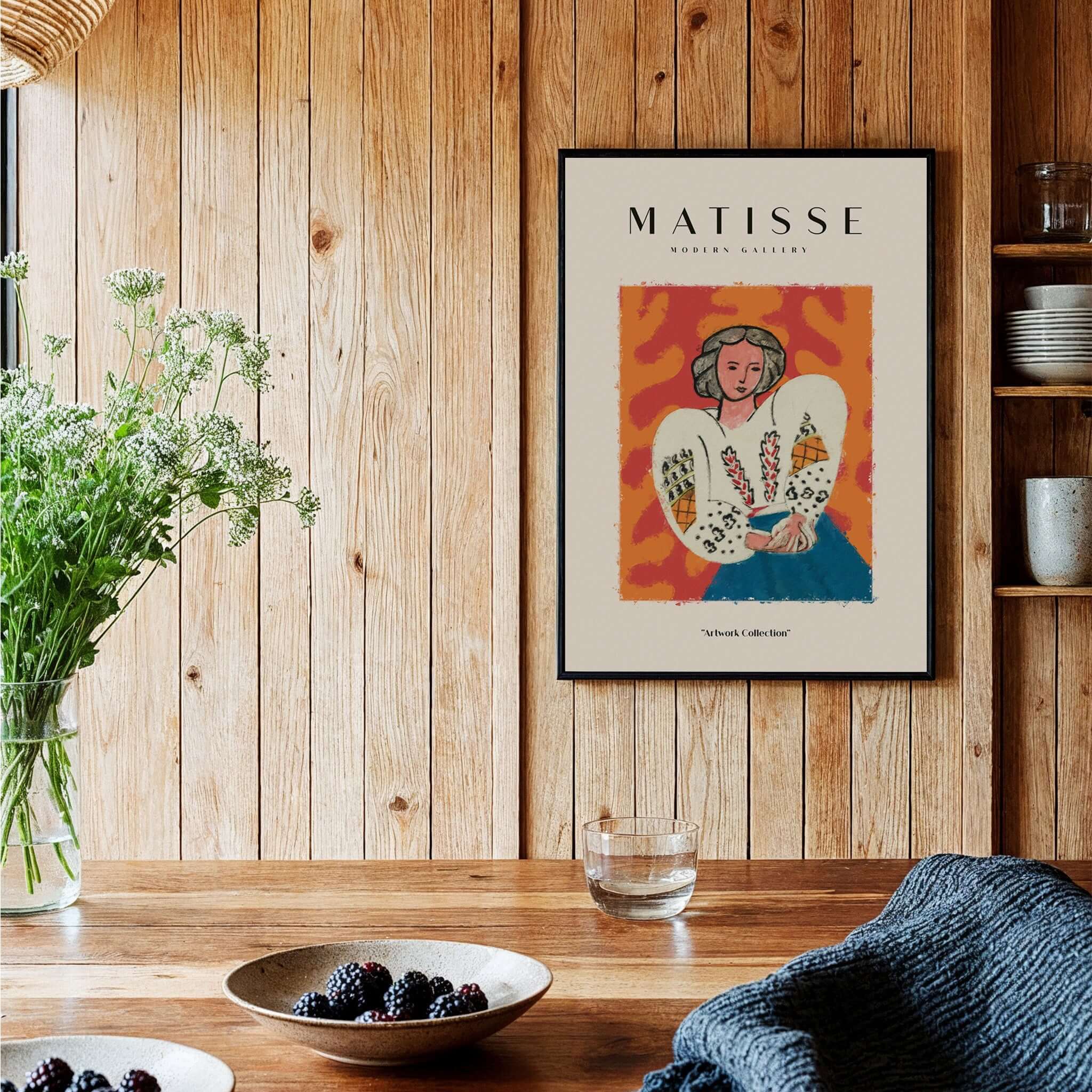 Matisse Art Prints - Woman White Blouse Blue Skirt Portrait Poster displayed in a cozy interior with floral touches.