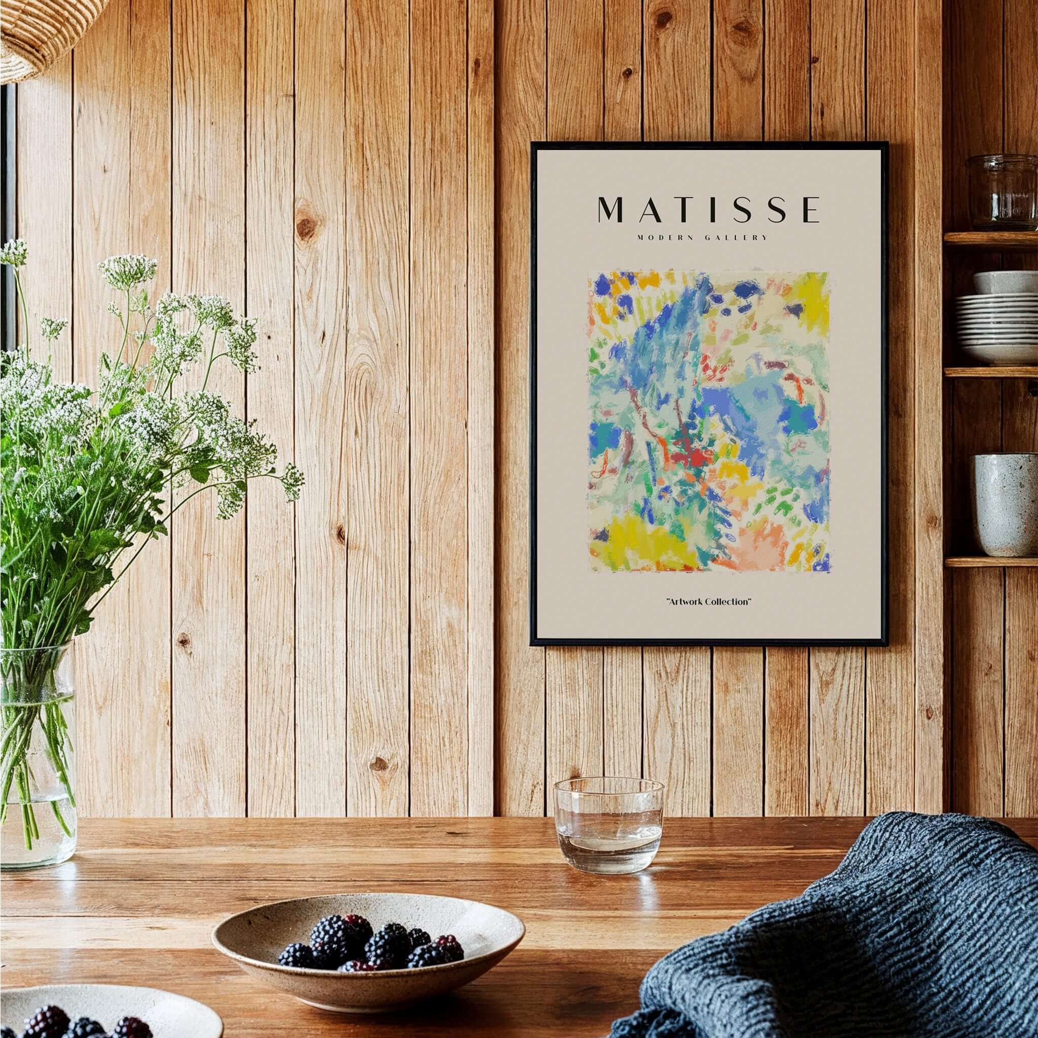 Matisse Art Prints - Abstract Vibrant Landscape Painterly Poster displayed in a cozy wooden setting with fresh flowers.