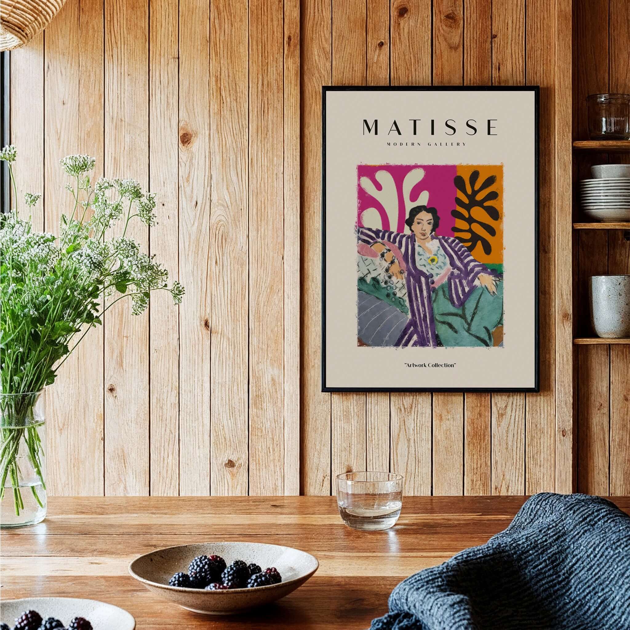 Matisse Art Prints - Reclining Woman Striped Robe Abstract Print displayed in a rustic setting with wooden walls.