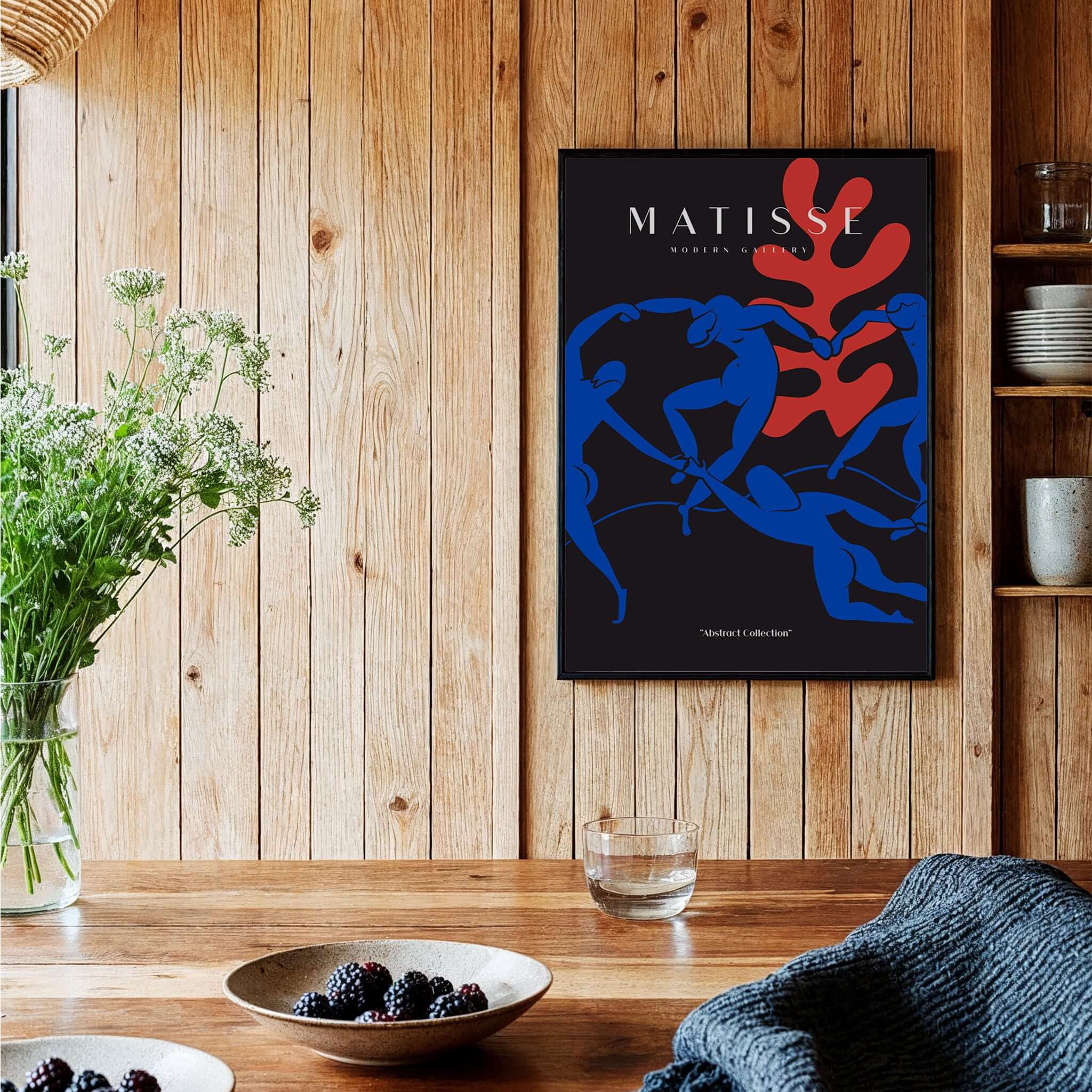 Matisse Art Prints - Dance Blue Figures Poster showcasing vibrant blue figures and bold red coral on a black background.