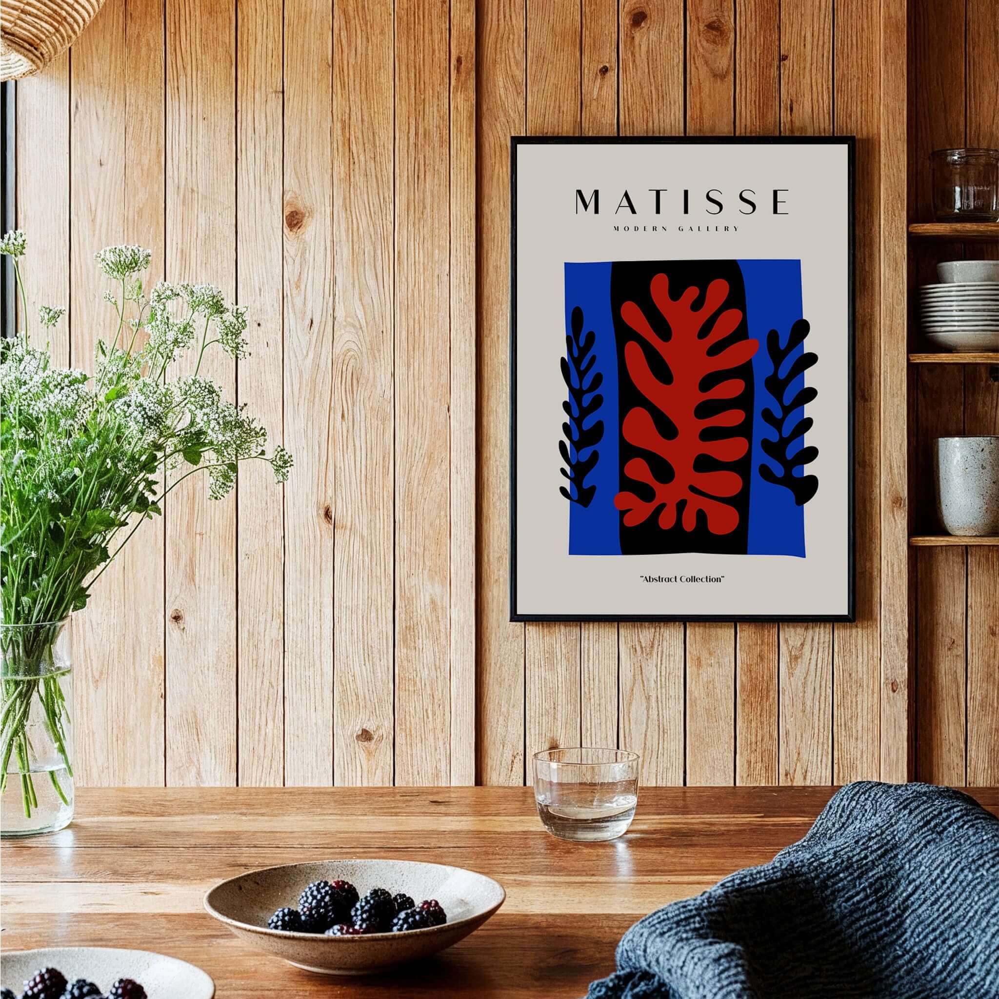 Matisse Art Prints -  Red Coral Black Leaves Blue Frame Poster displayed in a modern home setting.