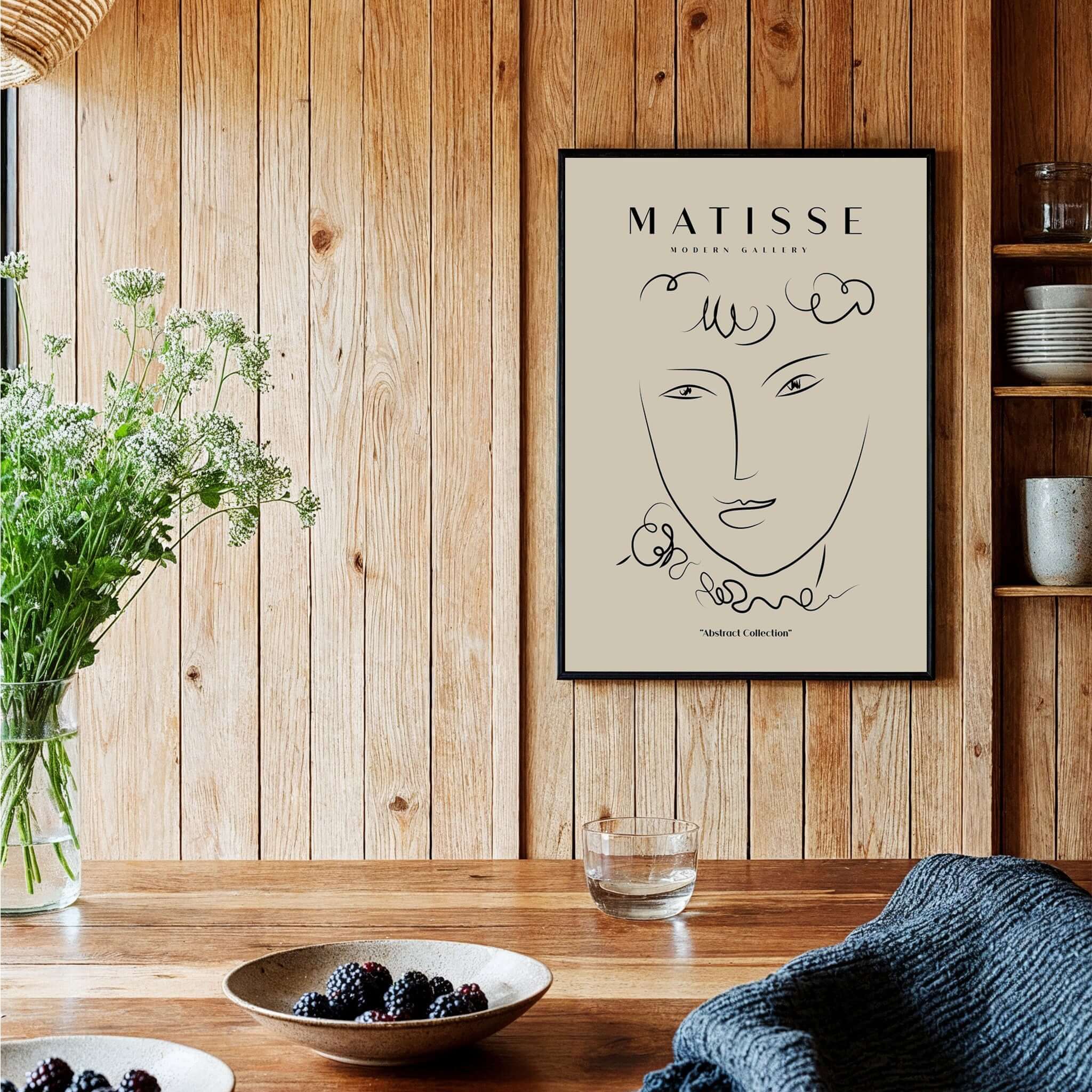Matisse Art Prints -  Line Art Face Curly Hair Minimalist Poster displayed in a cozy interior setting.