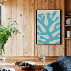 Matisse Art Prints -  Blue Coral Abstract Botanical Art Print Poster displayed in a cozy interior setting.