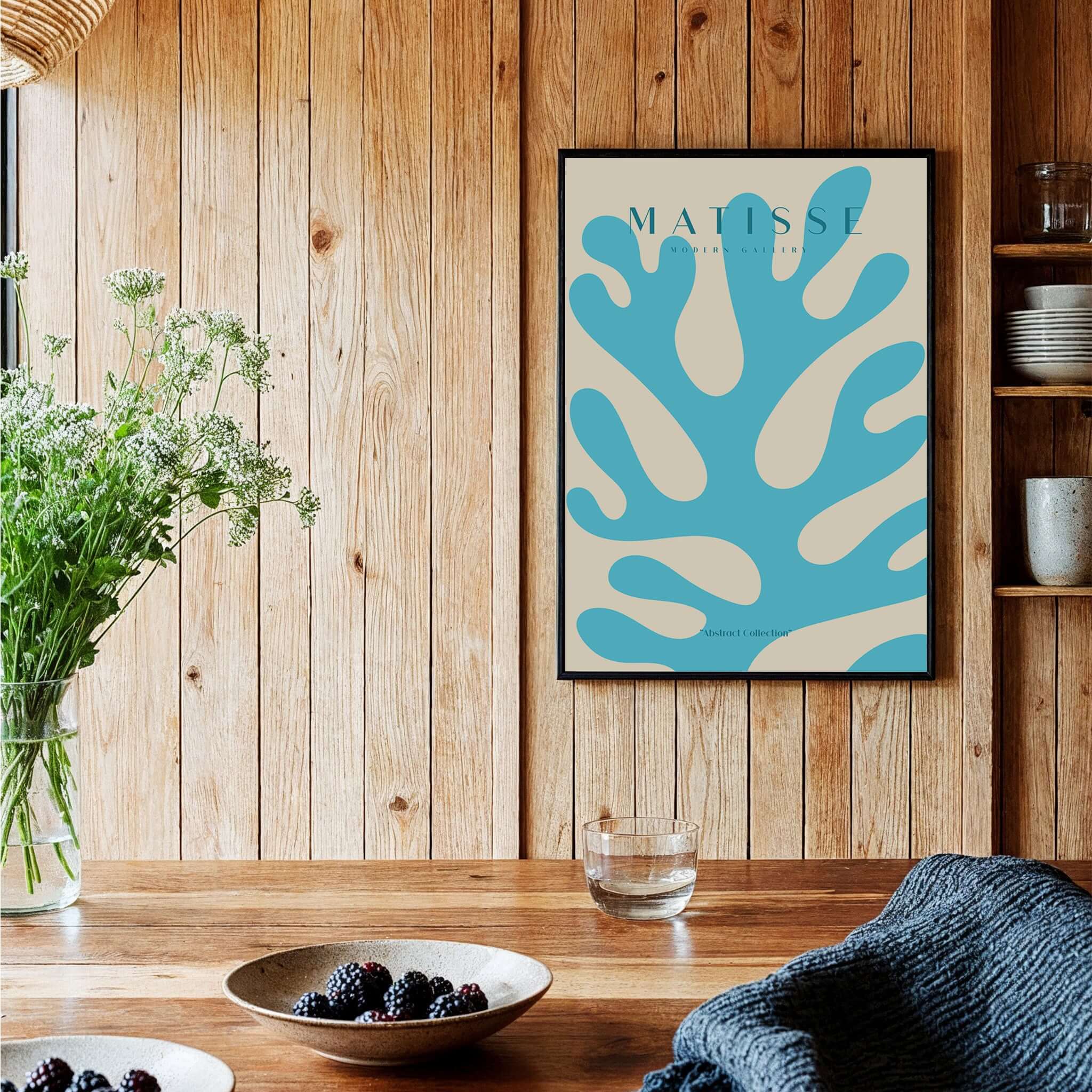 Matisse Art Prints -  Blue Coral Abstract Botanical Art Print Poster displayed in a cozy interior setting.