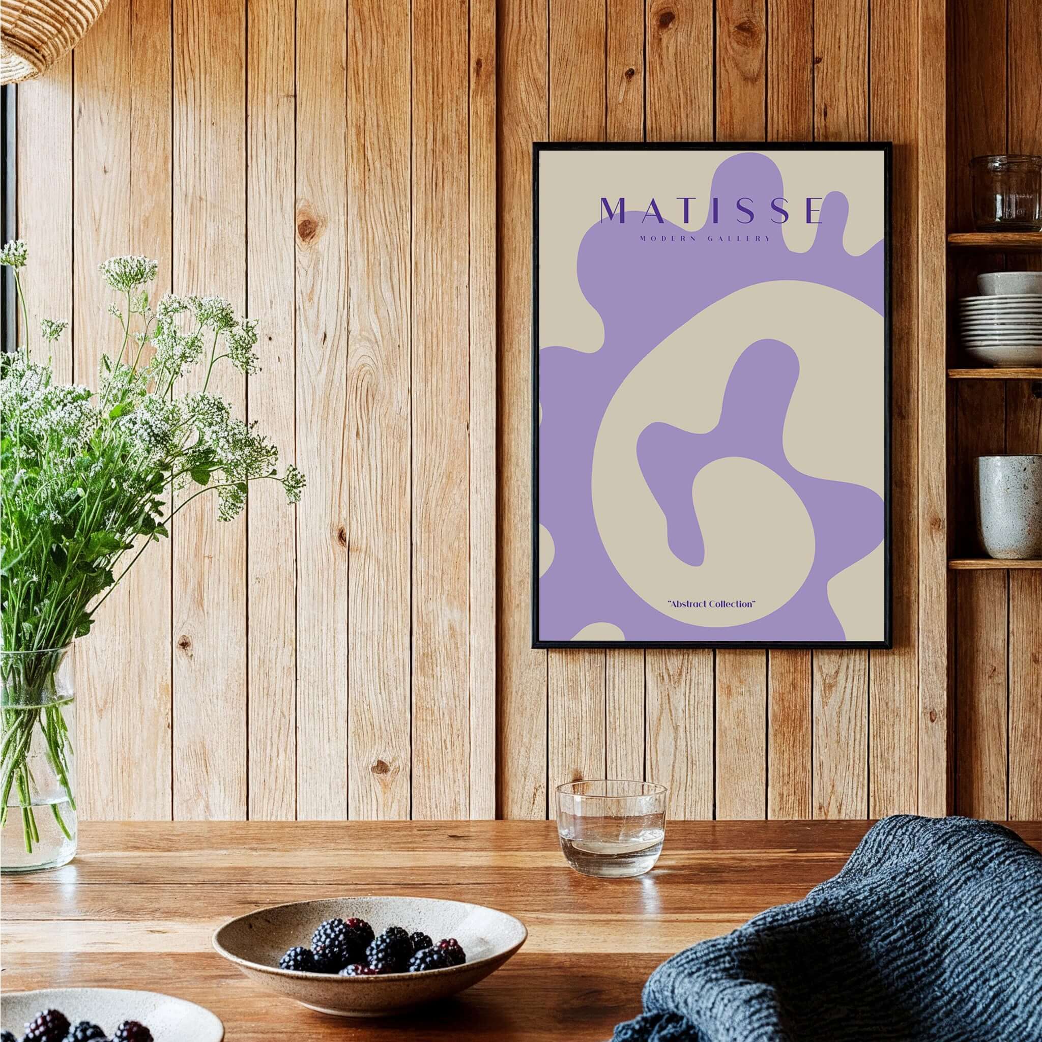 Matisse Art Prints - Lavender Abstract Fluid Organic Shape Poster displayed in a cozy interior with wooden backdrop.