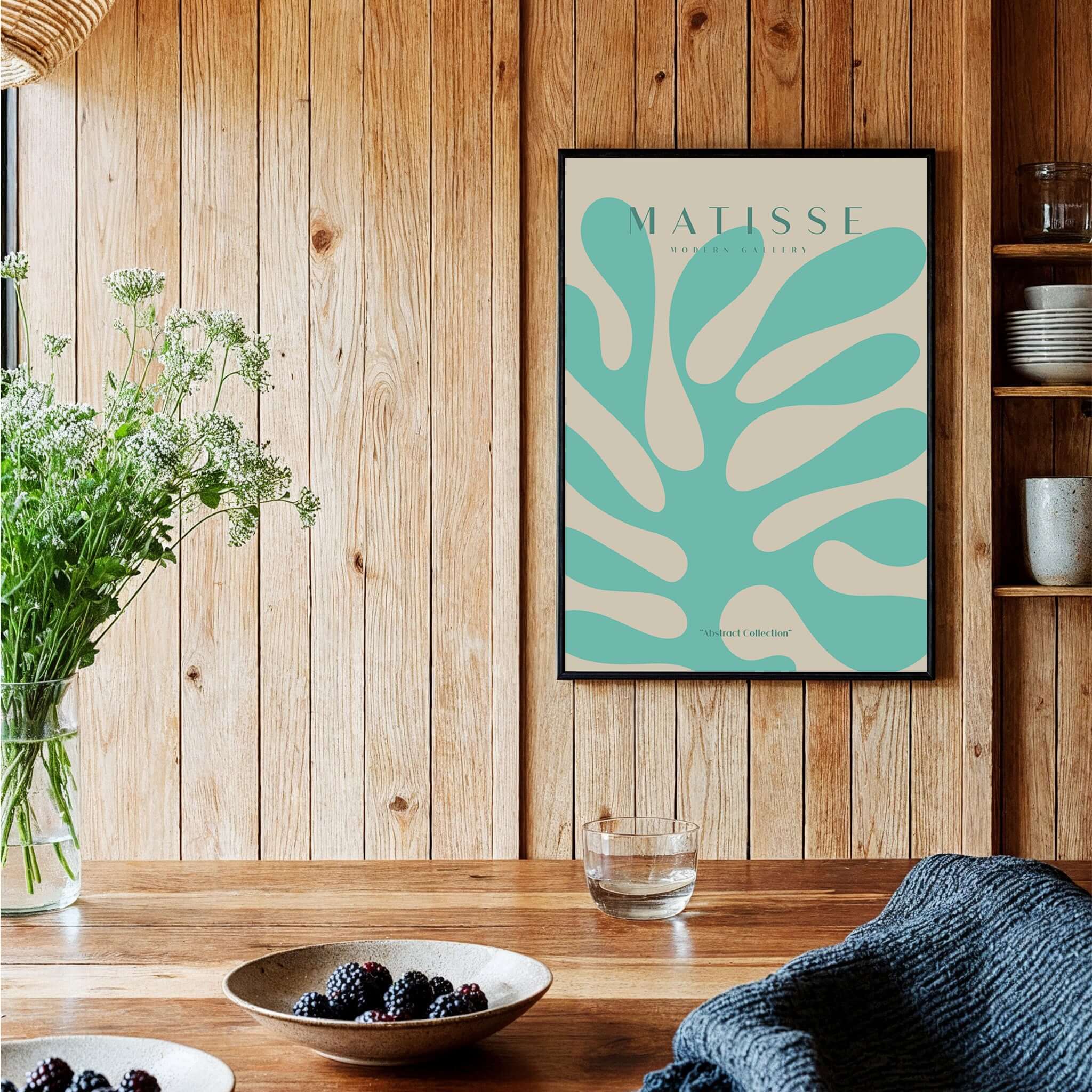 Matisse Art Prints - Mint Green Coral Abstract Seaweed Poster displayed in a cozy interior with wooden elements.