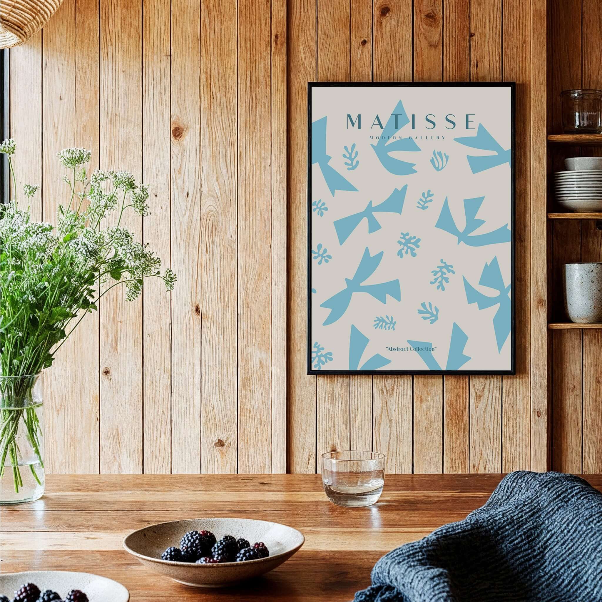 Matisse Art Prints -Blue Abstract Birds Botanical Pattern Poster displayed in a cozy interior with wooden accents.
